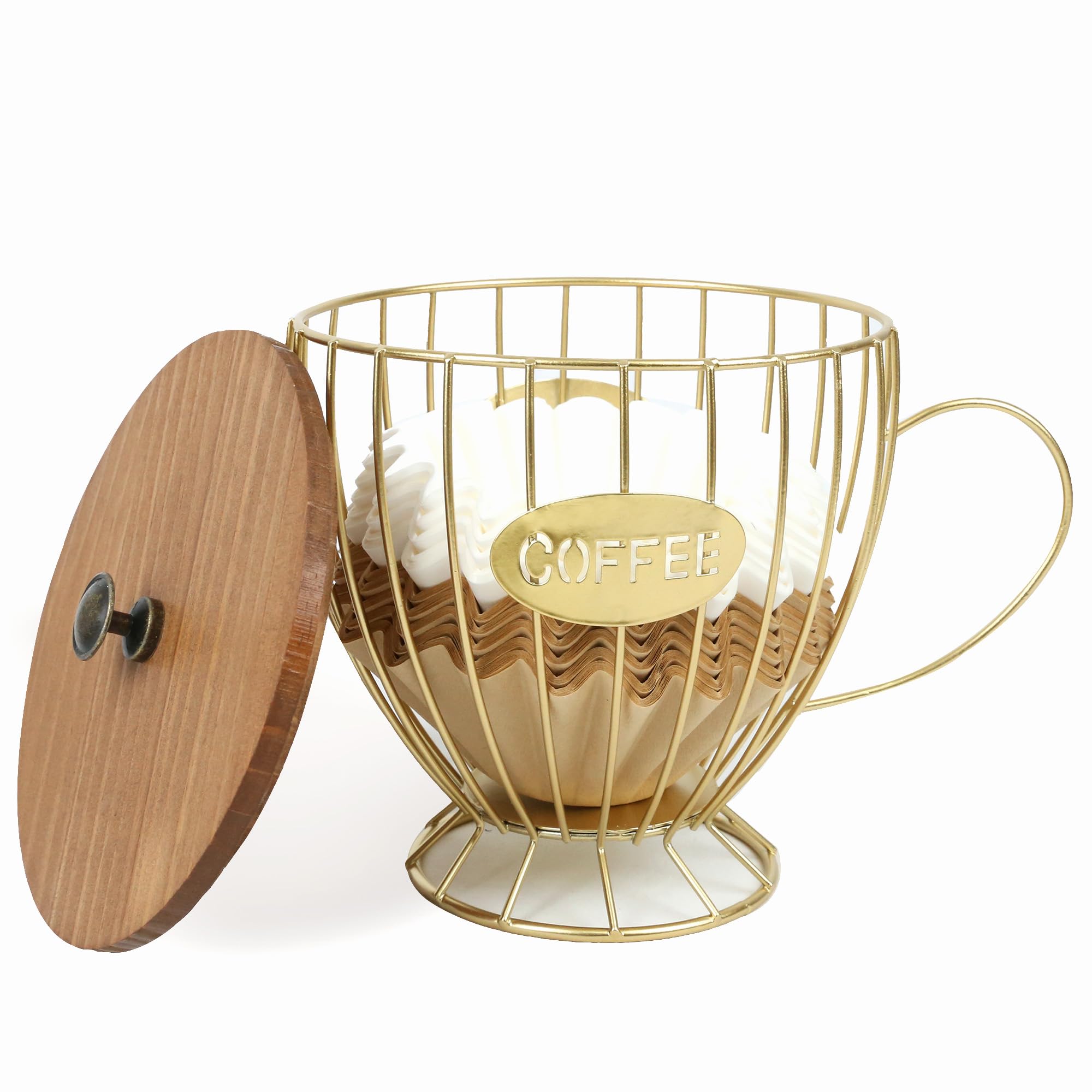 PUNNIO Large Capacity Coffee Filter Storage Basket with Lid for Round Filters or Pods, Coffee Bar Accessories Decor (Golden)