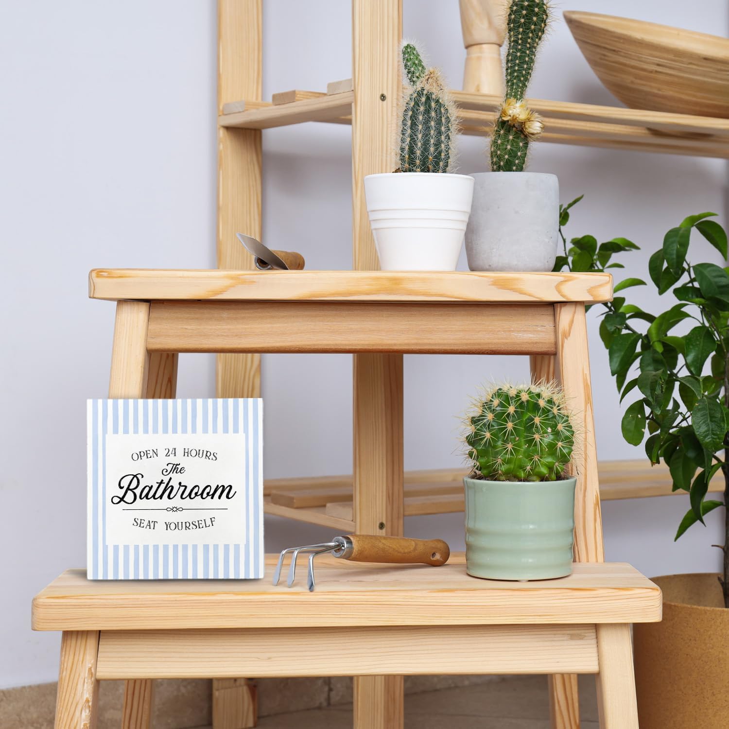 Blue and White Funny Bathroom Wooden Box Sign 5x5 Inch, Open 24 Hours Seat Yourself Funny Wood Signs for Bathroom Restroom Washroom Counter Shelf Decor image 5