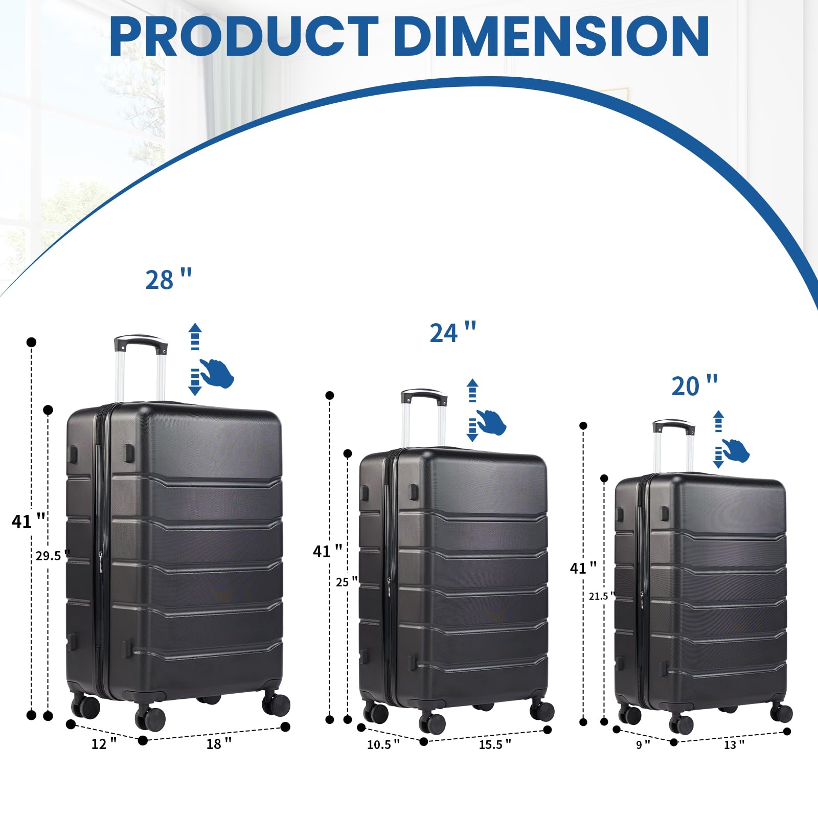 NEWBULIG Lot de 3 valises de Voyage, Extensibles et légères avec Roues rotatives, Serrure TSA, poignée télescopique et matériau ABS Durable, 50,8 cm, Noir, Noir, Tendance