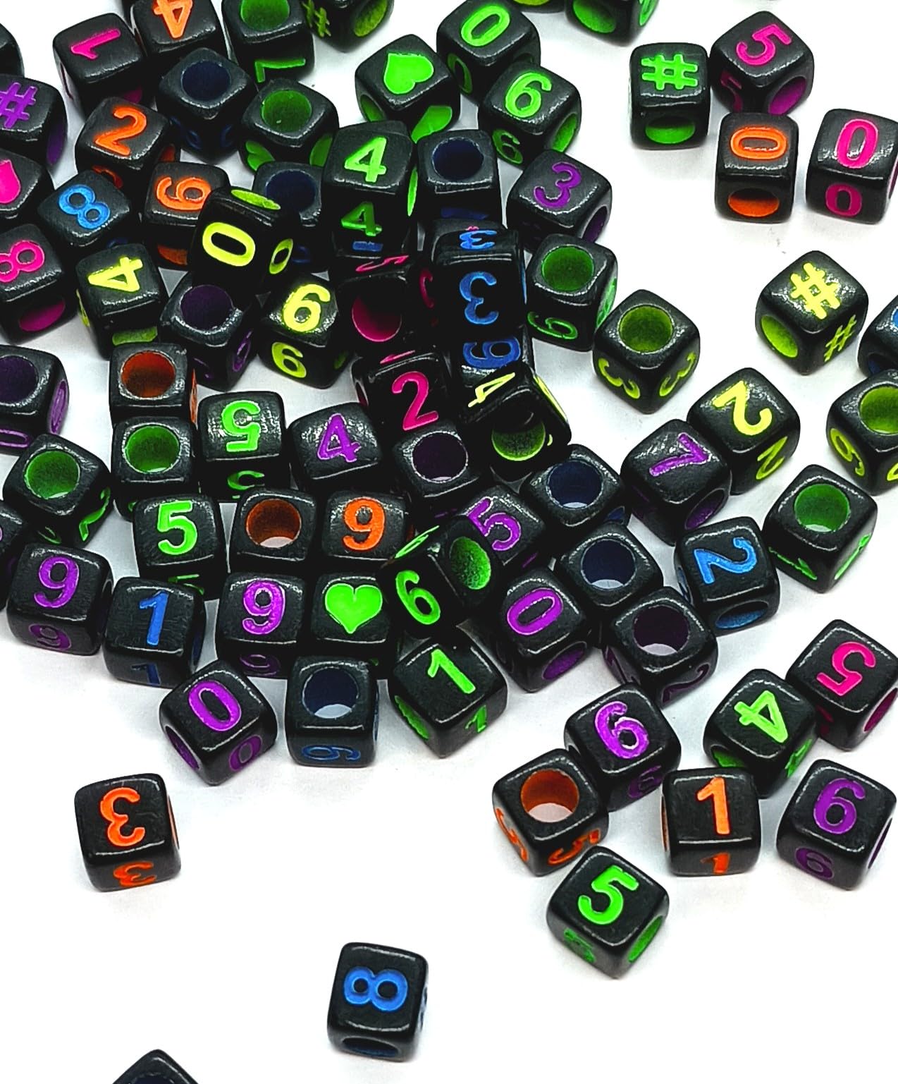 100 pcs 6mm Cube Black + neon Colours Numbers, #, Hearts Acrylic Beads