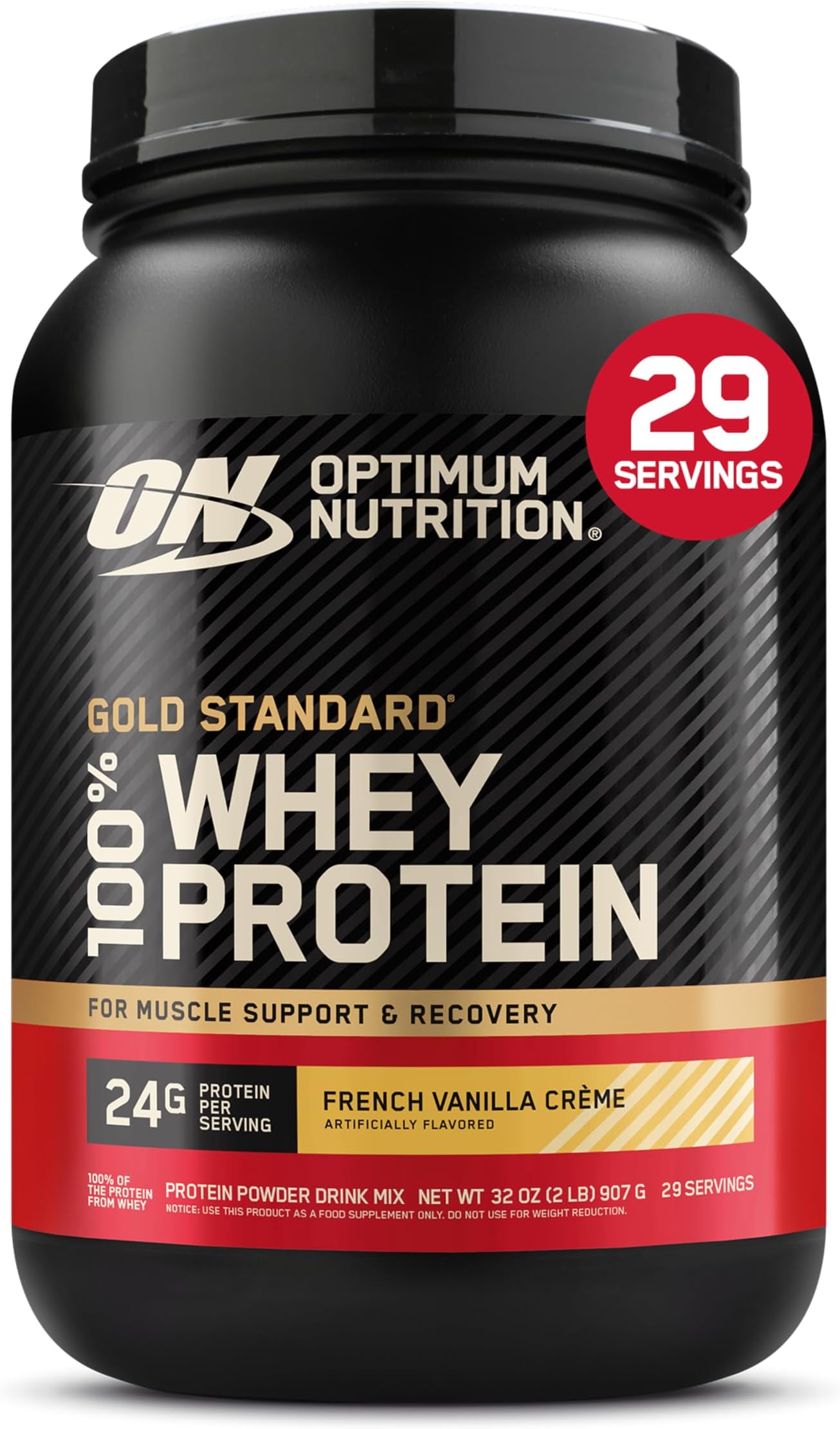 Optimum Nutrition (ON) Gold Standard 100% Whey Protein Powder Primary Source Isolate, 24 Grams of Protein for Muscle Support and Recovery - French Vanilla Creme, 2 Lbs, 29 Servings (907 Grams)