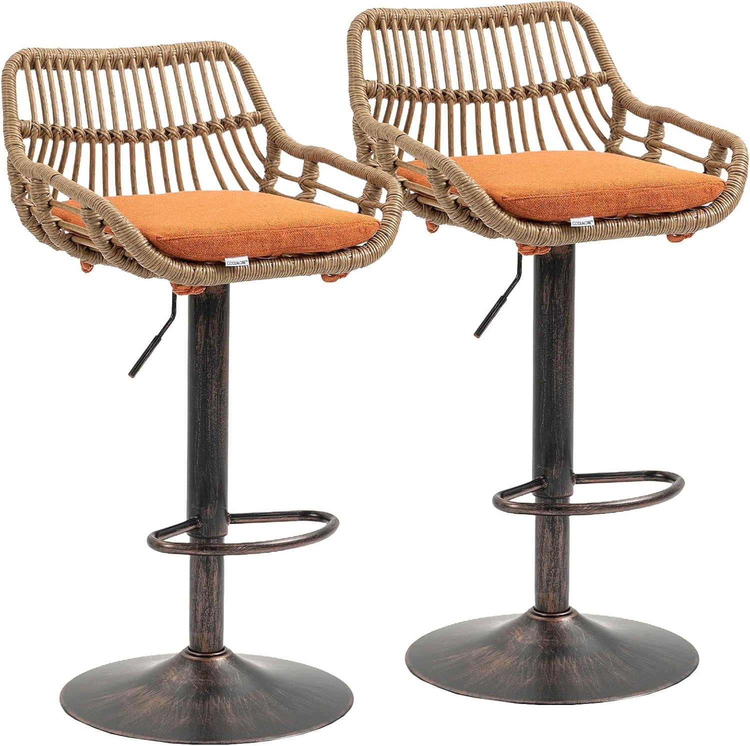 Tmosi Rattan Bar Stools Set of 4, Boho Wicker Woven Barstools with Linen Cushion, Swivel & Adjustable Vintage Leg Bar Stool for Kitchen, Patio, Outdoor (Orange)