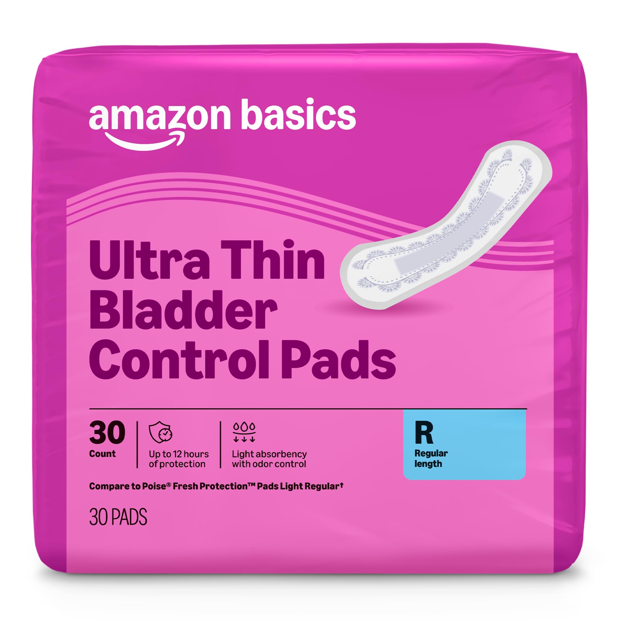 Amazon Basics Women's Incontinence Pads, Bladder Control &amp; Postpartum, Light Absorbency, Unscented, 30 Count, Packaging May Vary