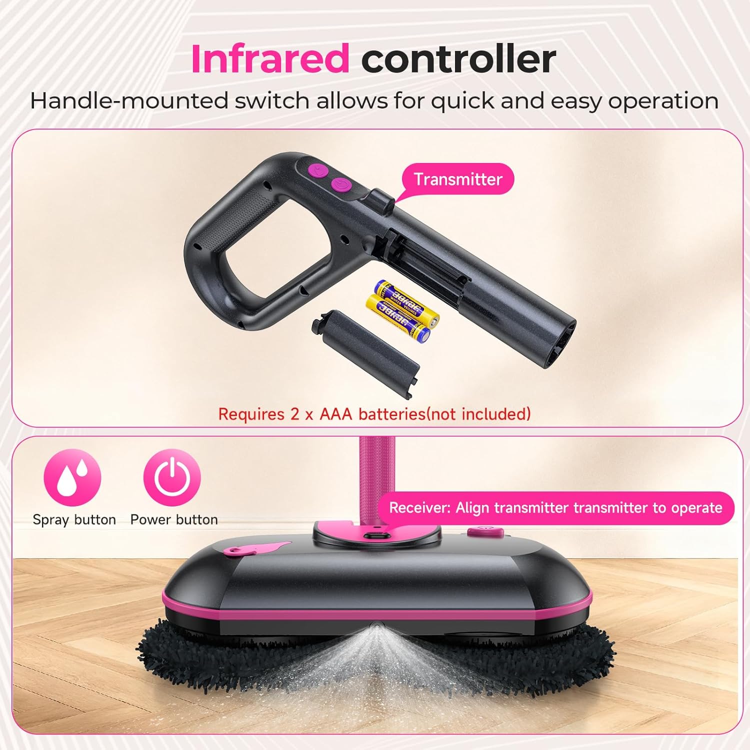 ScrubWiz Cordless Electric Mop, Electric Spin Mop with Water Spray, Powerful Floor Cleaner, Super Quiet Cleaning & Waxing, Pink and Black