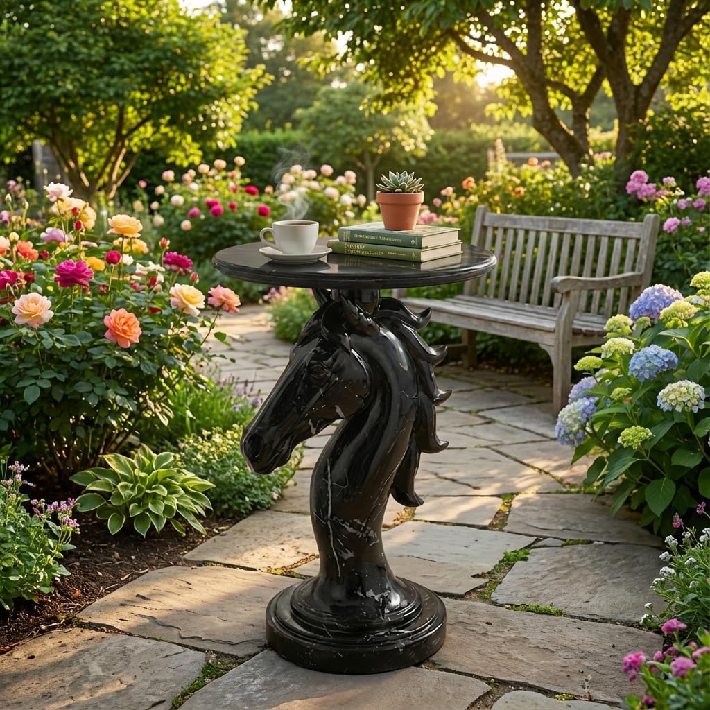 Luxurious Horse Side Table - 20" Premium Faux Marble Top Accent End Table with Hand-Detailed Resin Horse Head Base - High-End Round Table for Office, Living Room, Gift - Tool-Free