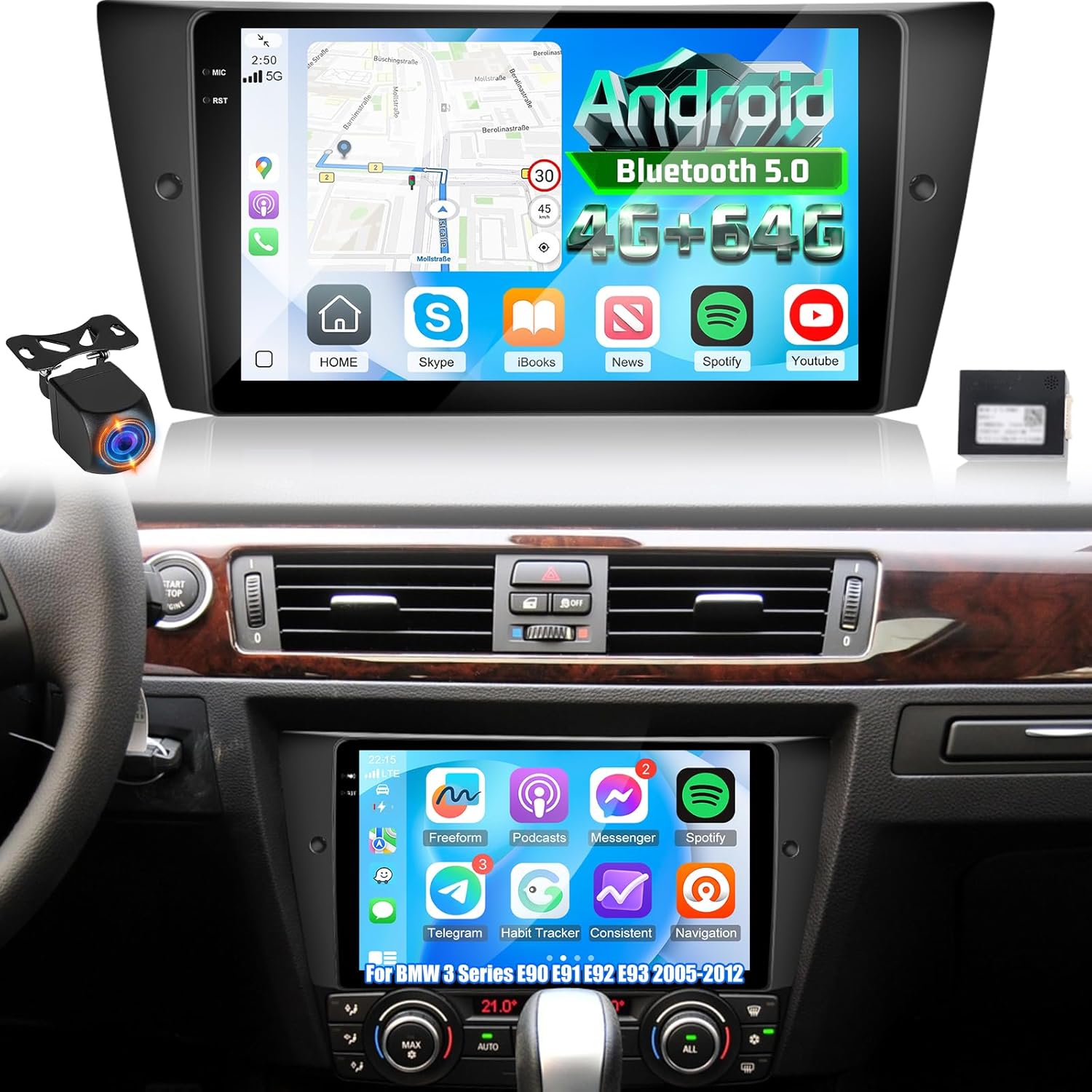 [4+64G] Android Radio for BMW 3 Series E90 E91 E92 E93 2005-2012: NHOPEEW 9 inch Incell Touchscreen E90 Radio - Wireless Carplay & Android Auto, 5G/WiFi, GPS, BT 5.0, Custom Homepage + Backup Camera