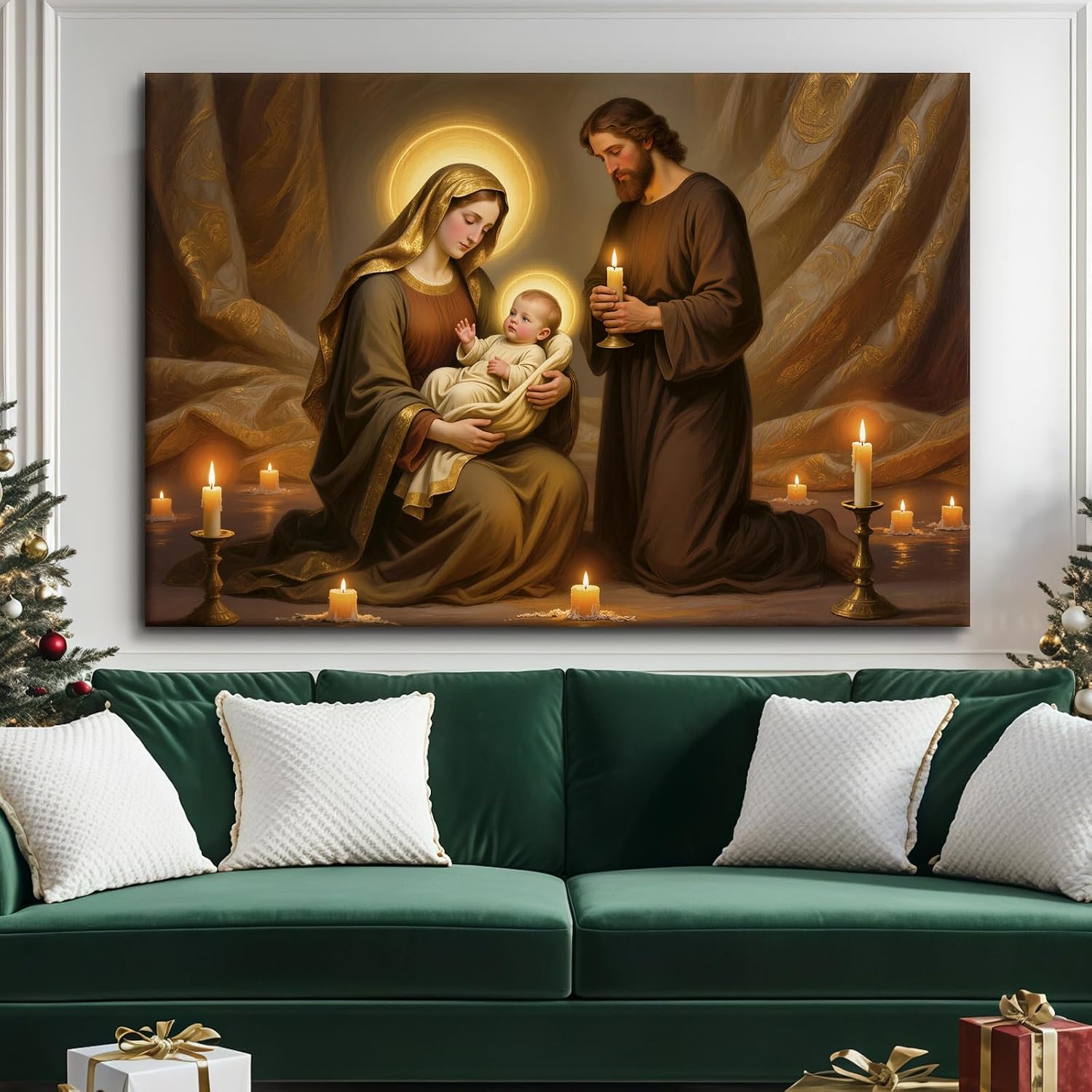 Craftline - Vintage Religious Christmas Jesus Canvas Wall Art, Holy Family with Candles The Nativity Story Pictures Christian Painting Prints Santa Gifts 16x12 Poster for Living Room Prayer Room