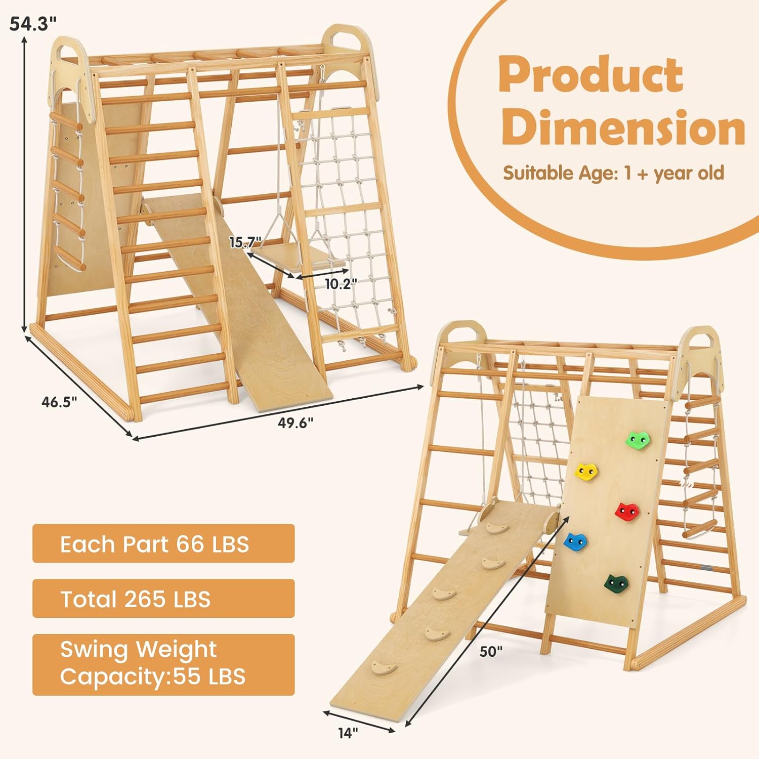 INFANS Indoor Jungle Gym, 8 in 1 Kids Montessori Indoor Playground Climbing Playset for Toddlers with Slide Swing Net Monkey Bars Rope Ladder, Wood Climber Toys for Boys Girls