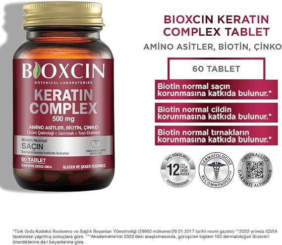 Bioxcin Keratin Complex Food Supplement – 60 Tablets – Biotin Contains Zinc, Collagen, Vitamins and Plant Extracts – Support for Hair, Skin and Nail Health