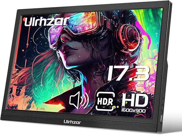 Imagen relacionada con Ulrhzar Monitor portátil de 17,3 pulgadas, 1600 x 900 FHD, 60 Hz, HDR, IPS, con soporte para portátil, USBC Travel HDMI, equipado con dos altavoces, para ordenador portátil, teléfono, PS4/5.