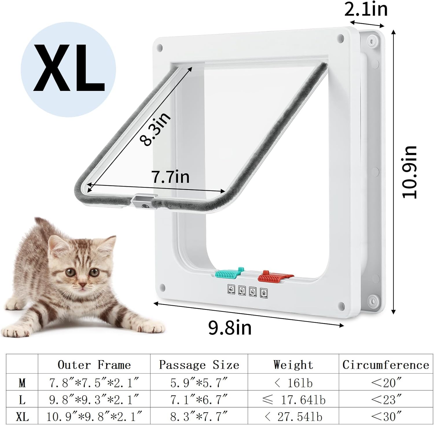 Cat Door for Interior Exterior Door (Outer Size 10.9" x 9.8"), 4-Way Locking Flap for Cats & Dogs(Circumference < 30"), Weatherproof Pet Door, White, ABS Material (XL)