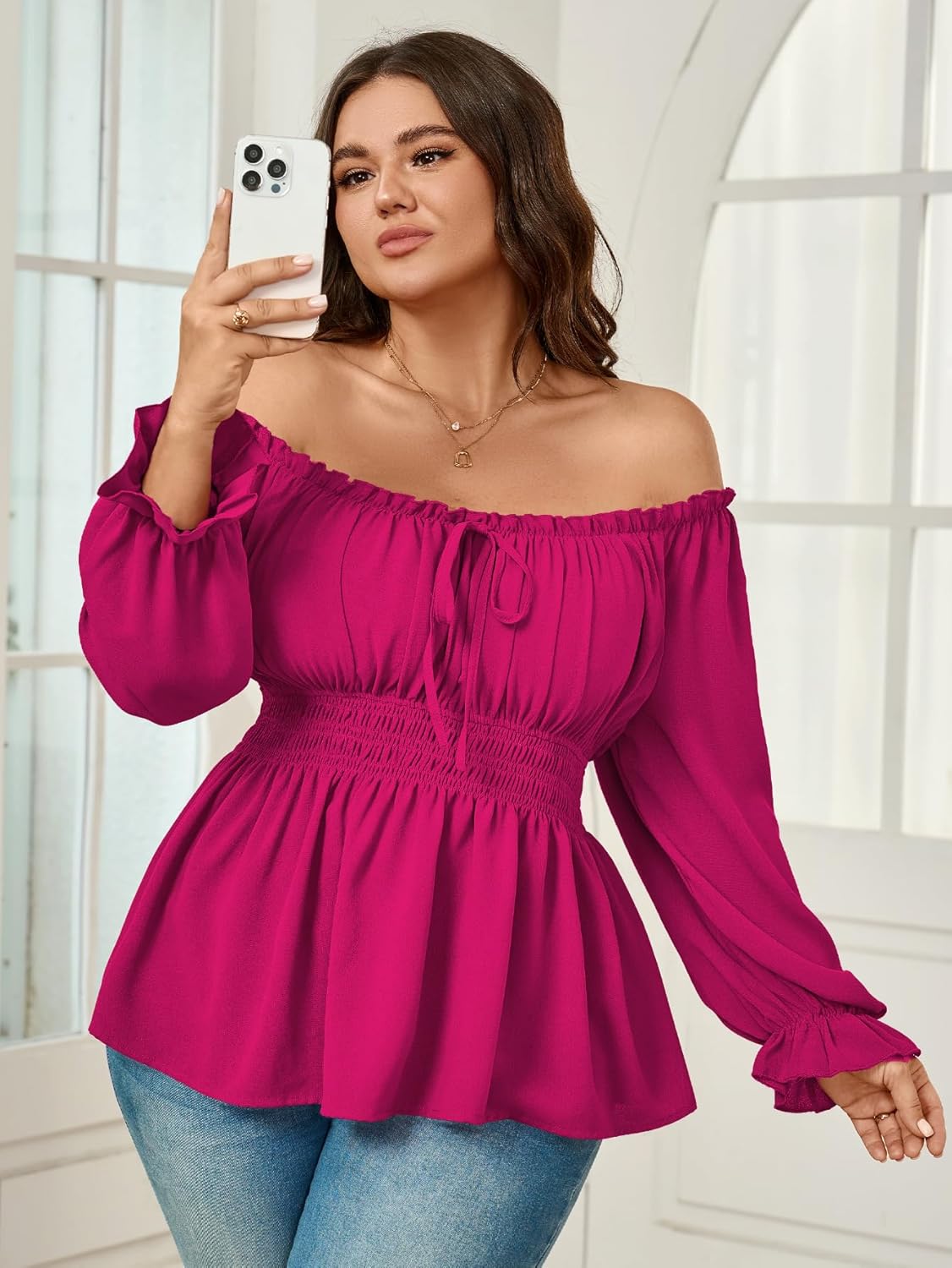Womens Plus Size Tops Square Neck Long Sleeve Blouse Babydoll Ruffle Peplum Smocked Cute Top - Image 4