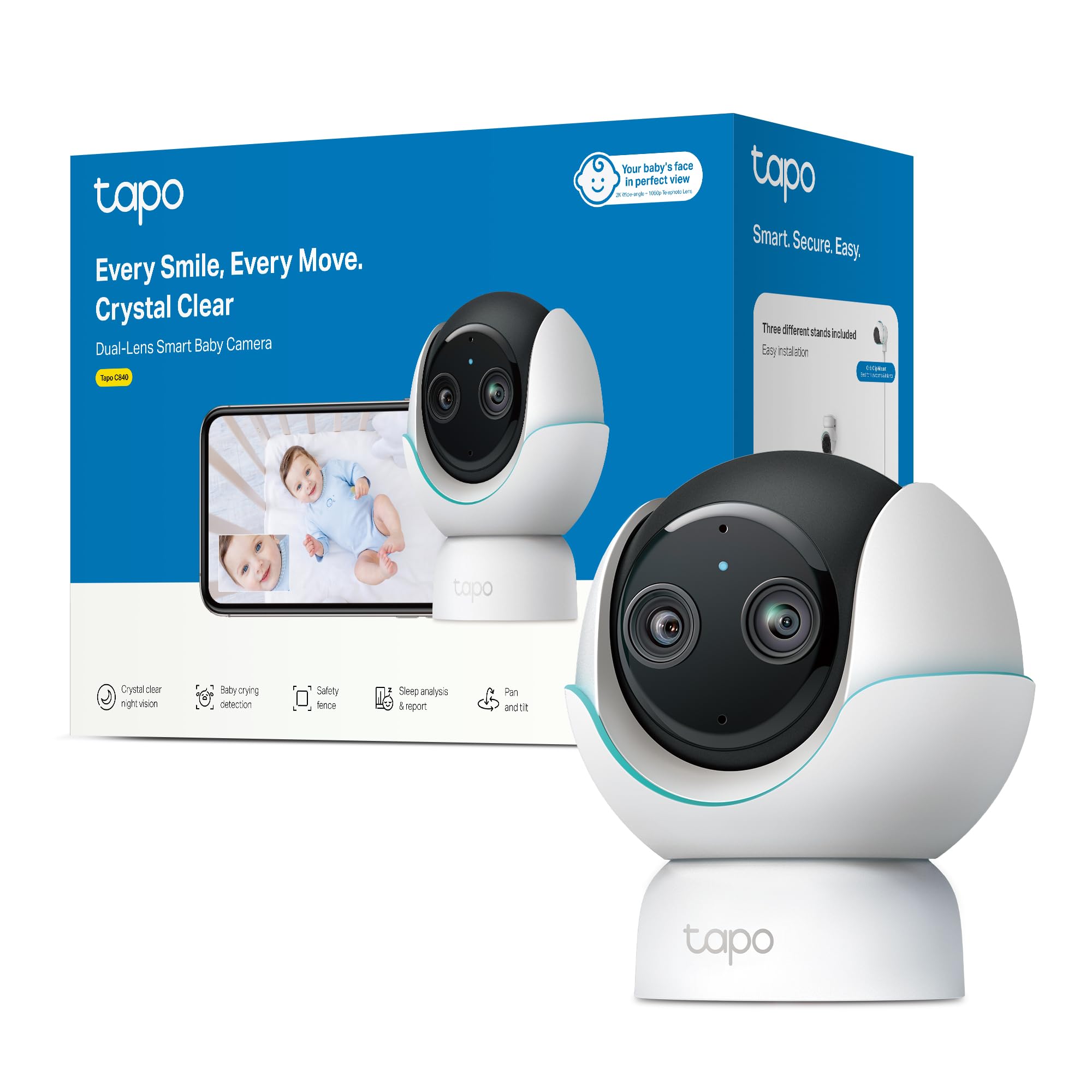 Tapo C840 Dual-Objektiv BabyCam (Erkennung von Babygeschrei & bedecktem Gesicht, Schlafanalyse & -bericht, Schlaflieder & Weißes Rauschen, Nachtlicht, MicroSD bis 512 GB)