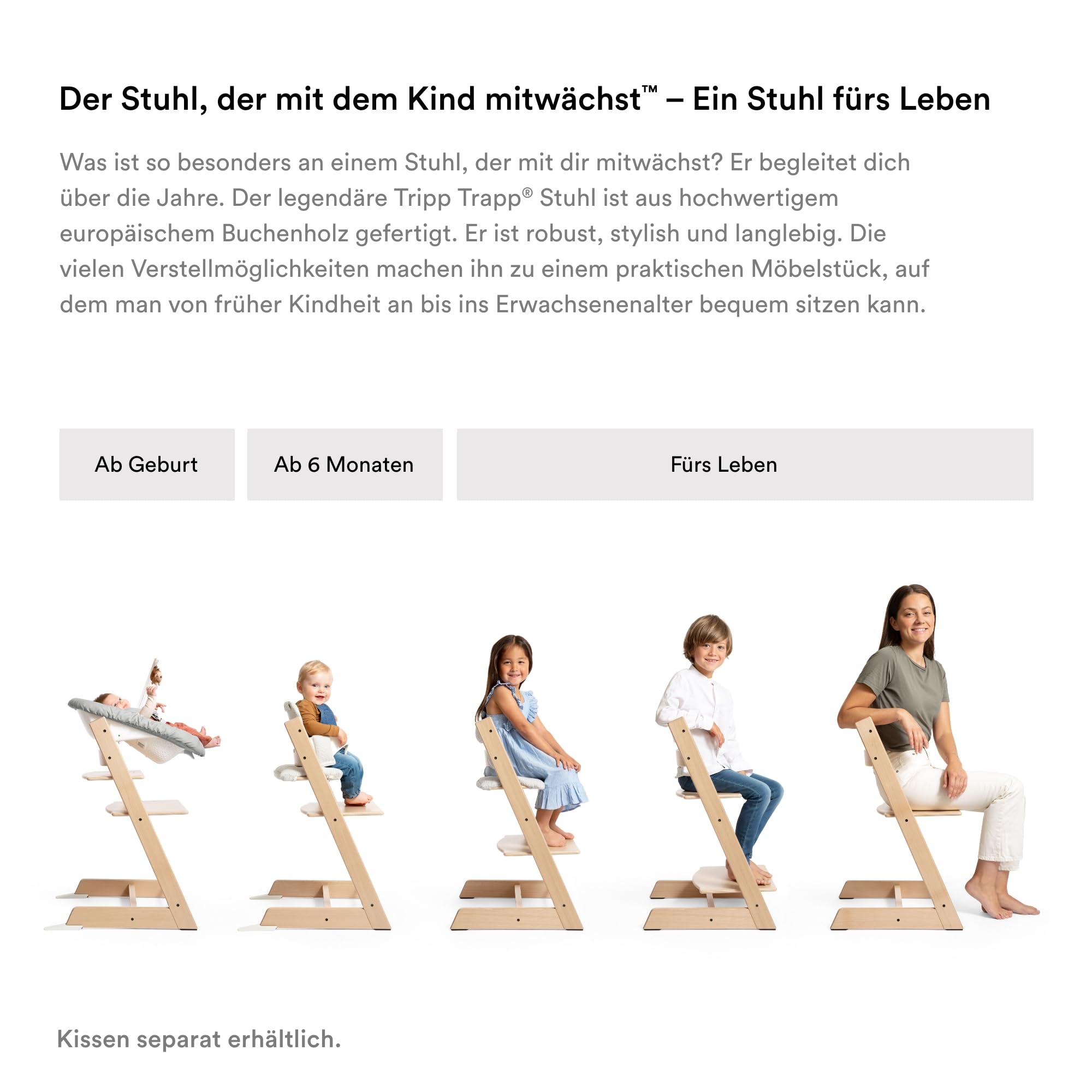 Stokke Tripp Trapp Stuhl mit Newborn Set und Baby Set, Natürlich - Sicher, verstellbar, ergonomisches Design
