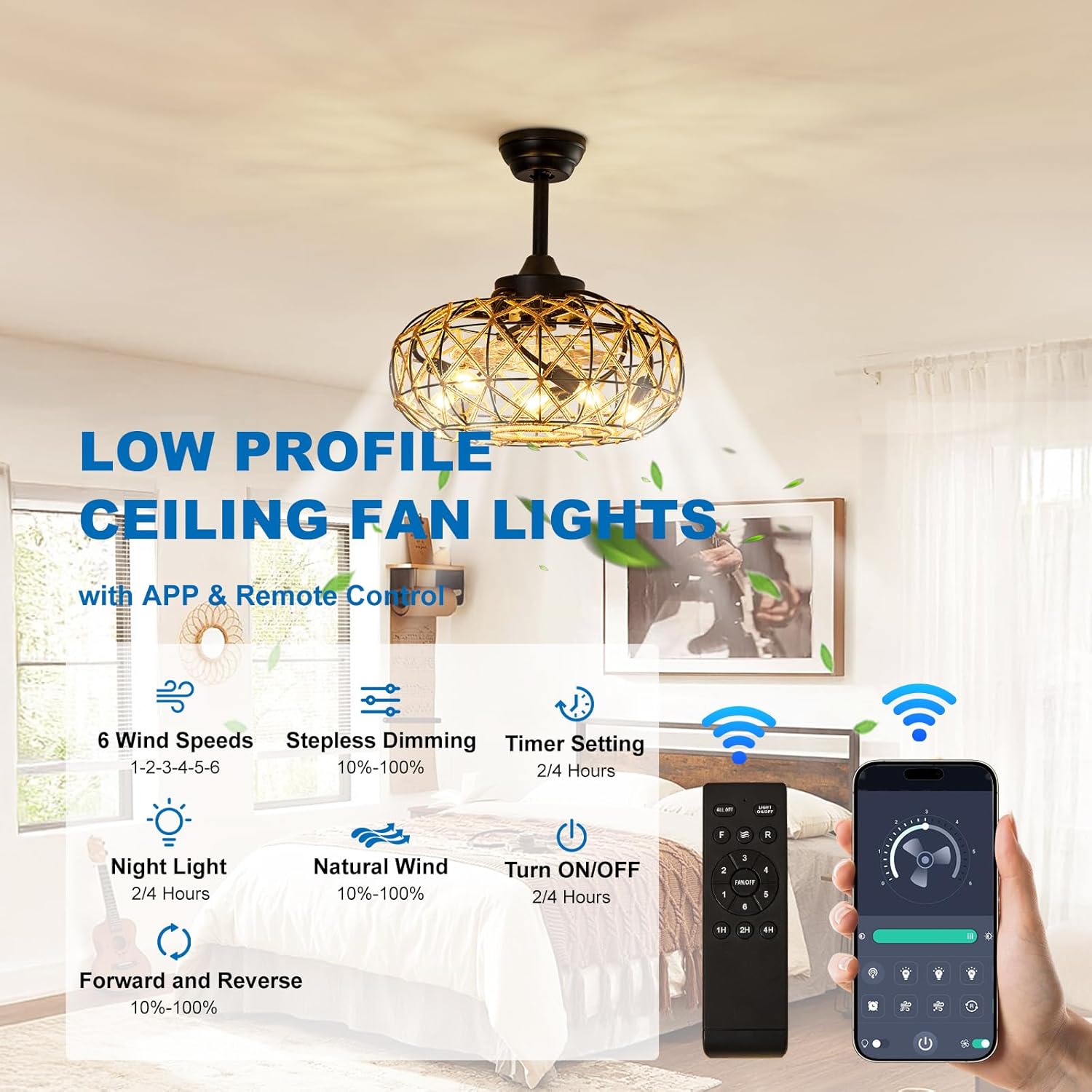 20" Rustic Hemp Rope Caged Ceiling Fans with Lights and Remote, Farmhouse Boho Bladeless Ceiling Fan Modern Hand-Woven Rattan Low Profile Fandelier Fan Light for Bedroom Dining Room