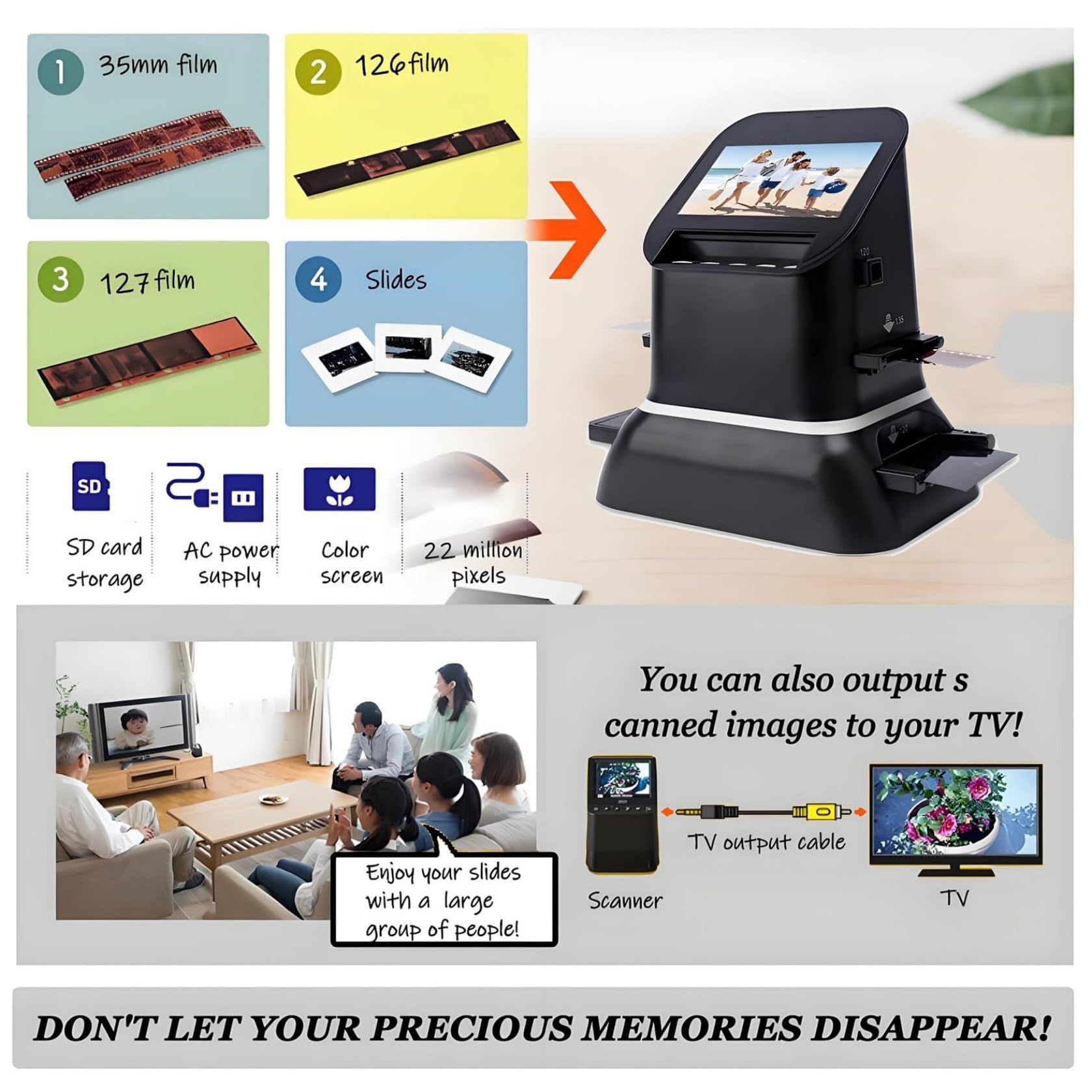 120 126 127 135 Scanner per Pellicole, Scanner per Pellicole E Diapositive da 22 MP Scanner per Negativi Scanner per Diapositive Visualizzatore di Diapositive con Schermo LCD da 4,3 Pollici