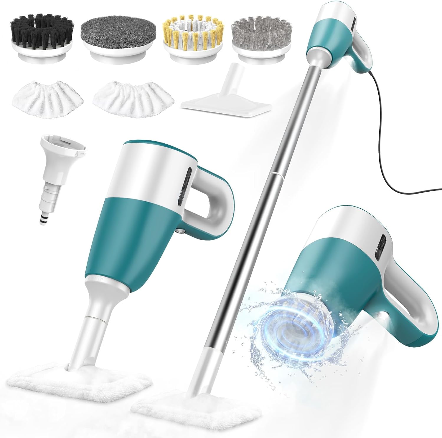 Steam Cleaner & Electric Spin Scrubber Combo, Effortless Design Steamer with 11 Accessories, 2 Modes & Detachable Long Handle, Multi-Surface Cleaning Tool for Floor, Tile, Grout, Bathroom & Car