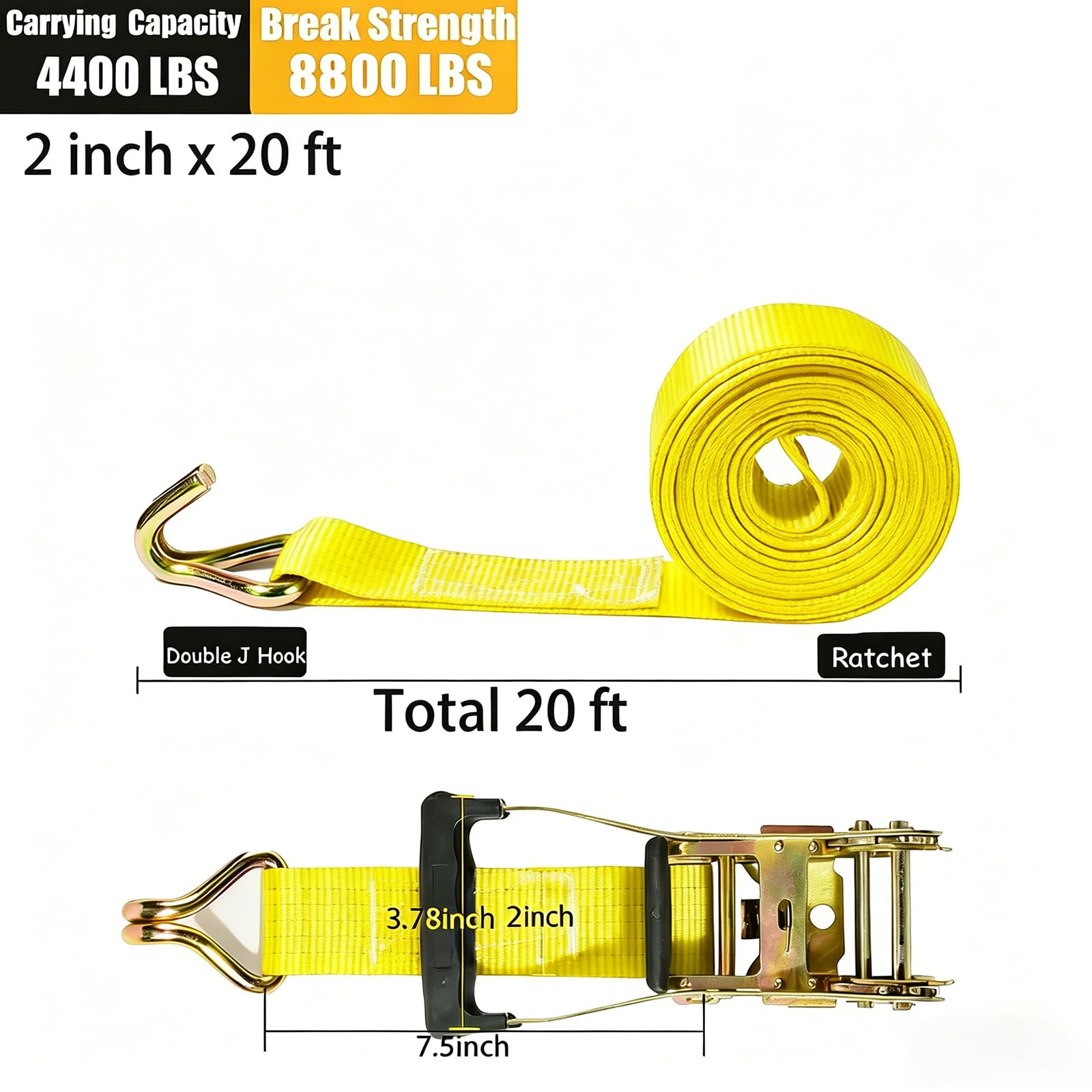 4 Stück 5,1 cm Ratschengurte strapazierfähig, 3991,6 kg Bruchfestigkeit, 6 m Spanngurte Ratsche mit Doppel-J-Haken, Cargo-Ratschengurte für LKW, Anhänger, Motorrad