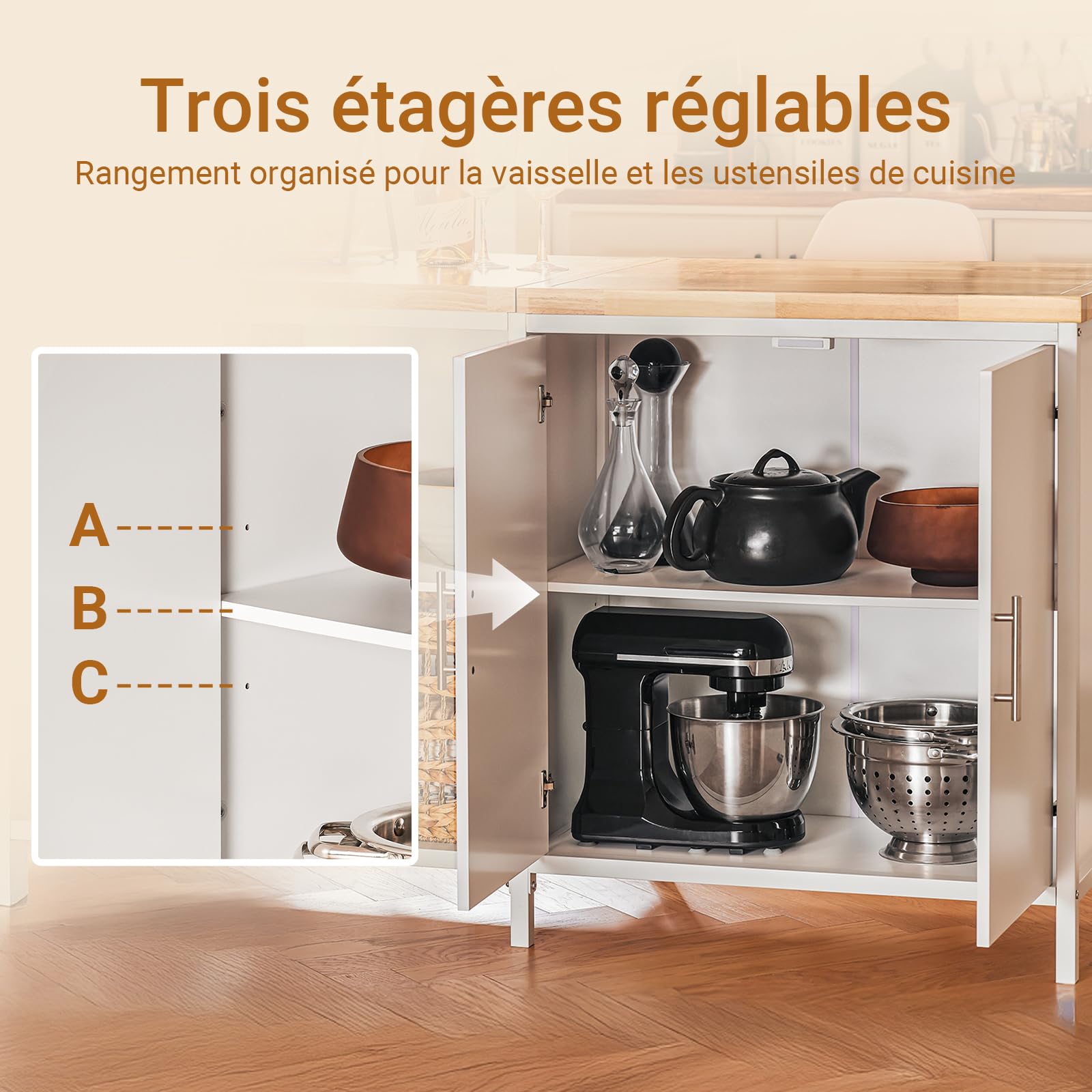 SoBuy Îlot Central Cuisine avec 4 niches et Tablette réglable, 170x89x60cm | Îlot de Cuisine 3-en-1 avec grand plan, charge 145 kg, robuste et facile à nettoyer, MDF, cuisine/repas/salon, KNL09-WN