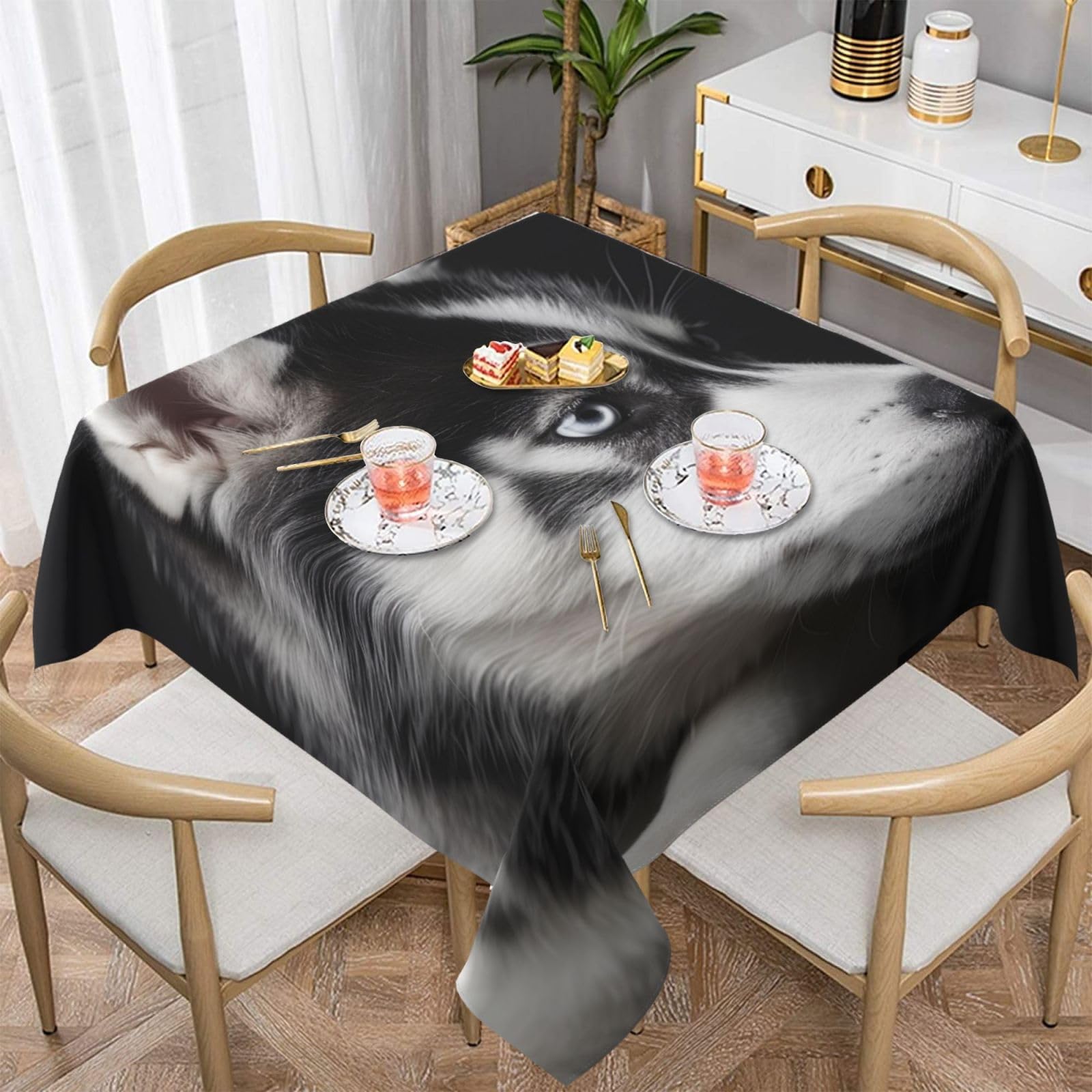 WPKJU Husky Dog Printed Square Tablecloth 60x60 inch Water Resistant Table Cover Washable Rectangle Table Cloth for Dining Tables