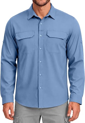 Mens Sun Protection Fishing Shirt UPF 50+ Long Sleeve Safari Hiking Travel Shirts with Pockets Quick Dry