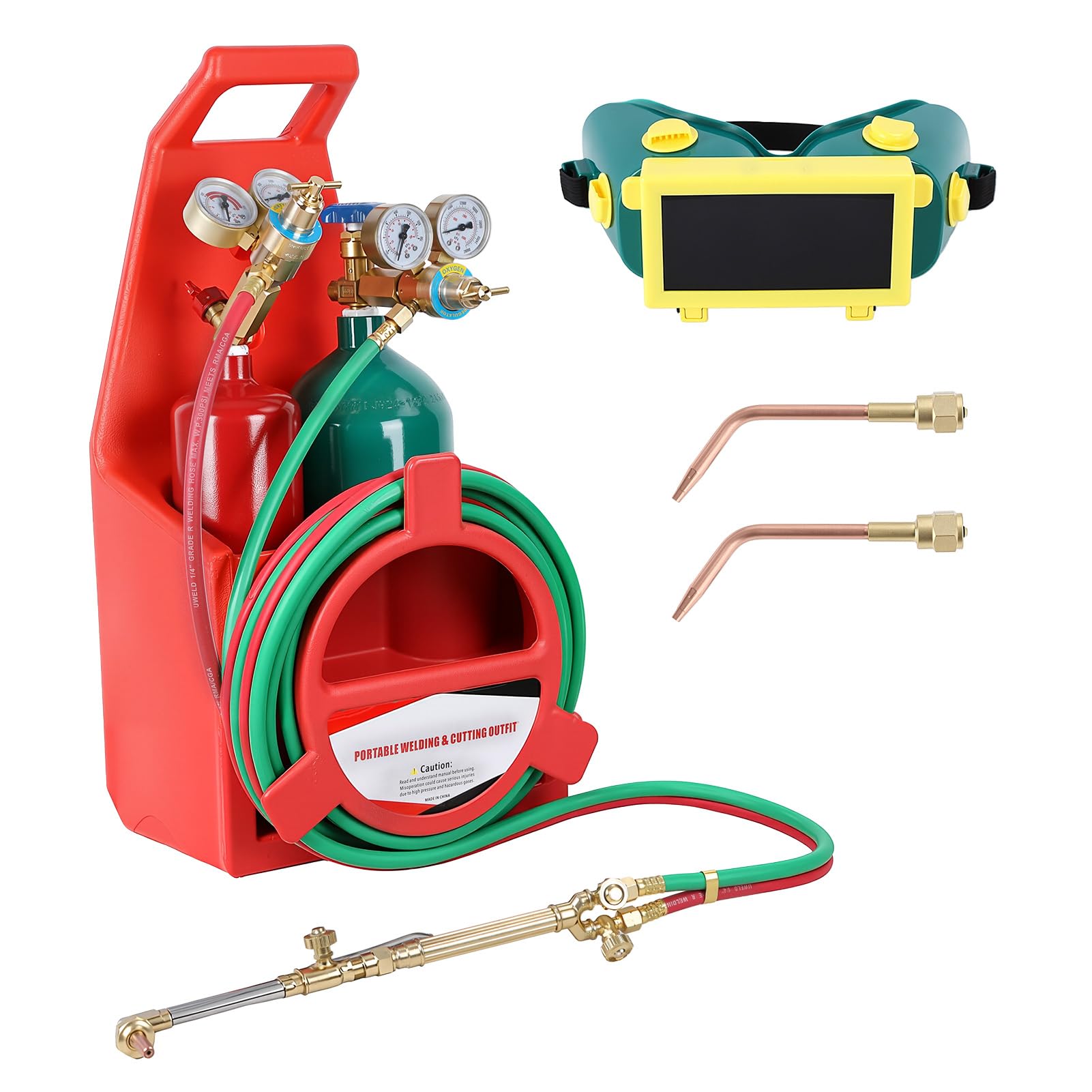 Oxy Kit de soudage à l'acétylène, tenue professionnelle de brasage au gaz avec jauges de régulation, tuyau double de 3,7 m, torche de coupe et support de transport