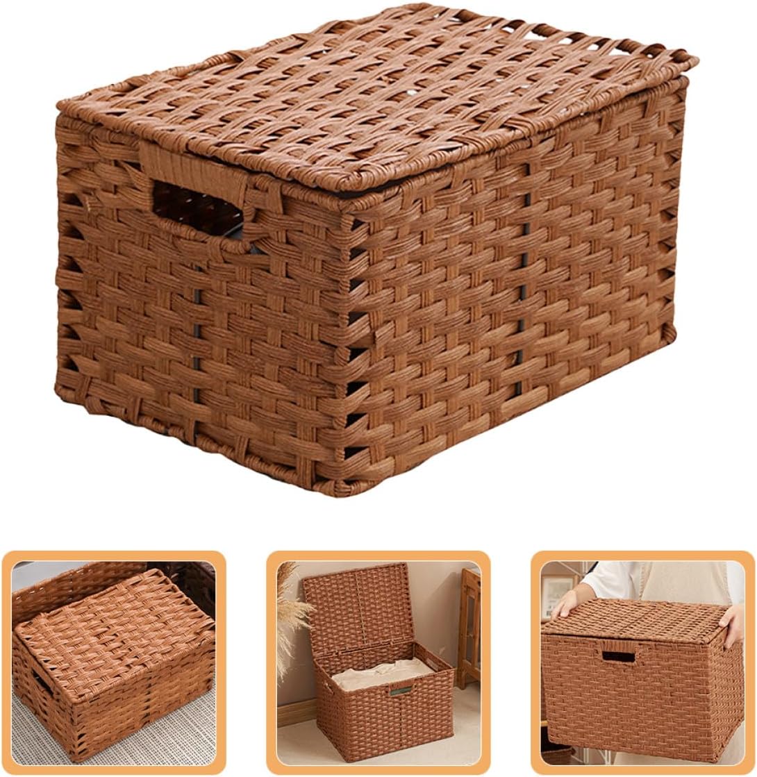 VALICLUD Rectangular Imitation Rattan Woven Basket with Lid 35x25x19cm Sundry Storage Box for Home Organization and Storage Brown Decorative Bin
