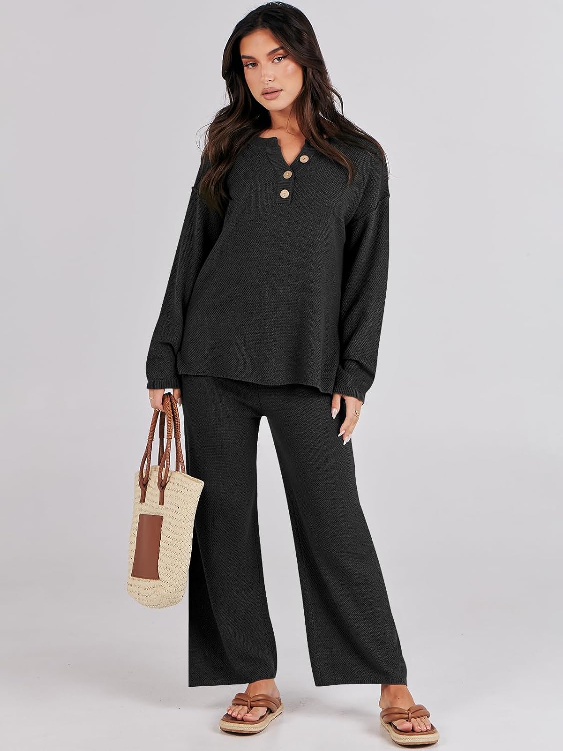 Vista 6 de Caracilia Conjunto de 2 piezas para mujer, de manga larga, de punto, holgado, holgado, holgado, para otoño, a juego, para descansar