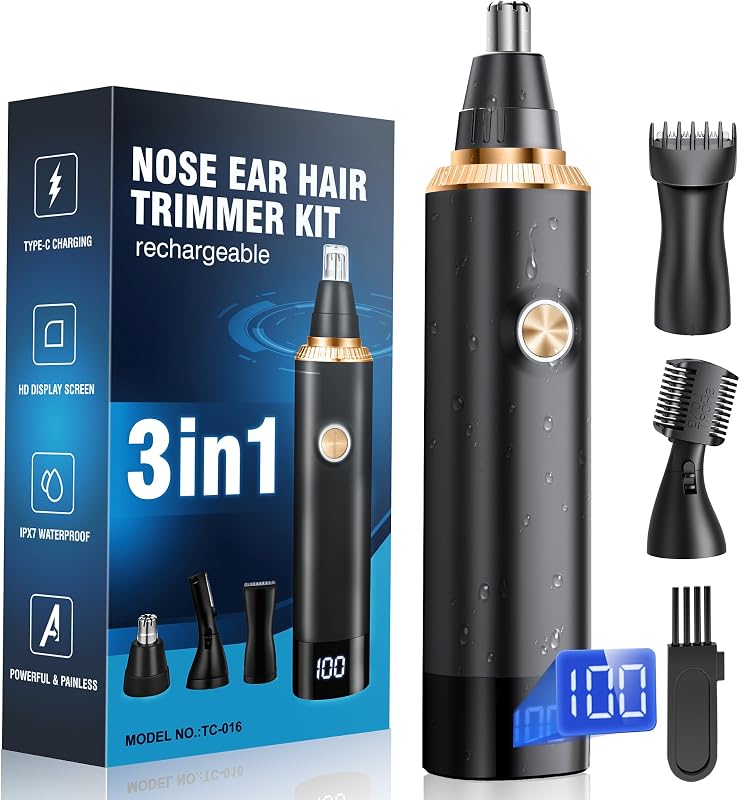Aparador de pelos do nariz e orelhas JEETIF 3 em 1, recarregável via USB-C, com visor digital, dourado