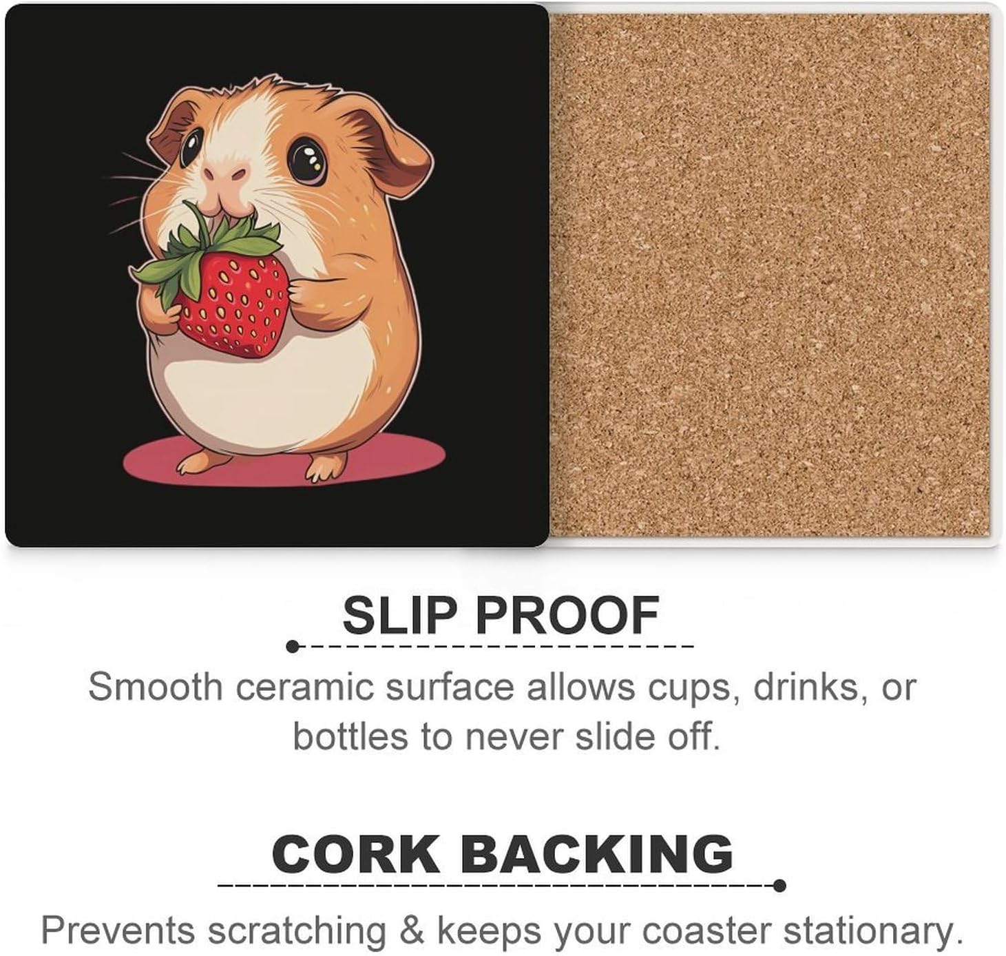 Cute Guinea Pigs Strawberry Funny Ceramic Coasters for Drink Absorbent Cup Holders Tabletop Protection