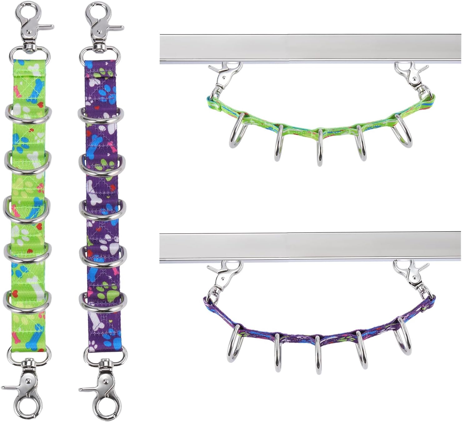 Dog Grooming Loops Table Supplies 2 Pack Cute Colorful Paw Pattern Restraint Loop Dogs Grooming Arm Extension Double Snap Hooks Extender with 5 D-Rings for Pet Salon & Daily Conveience
