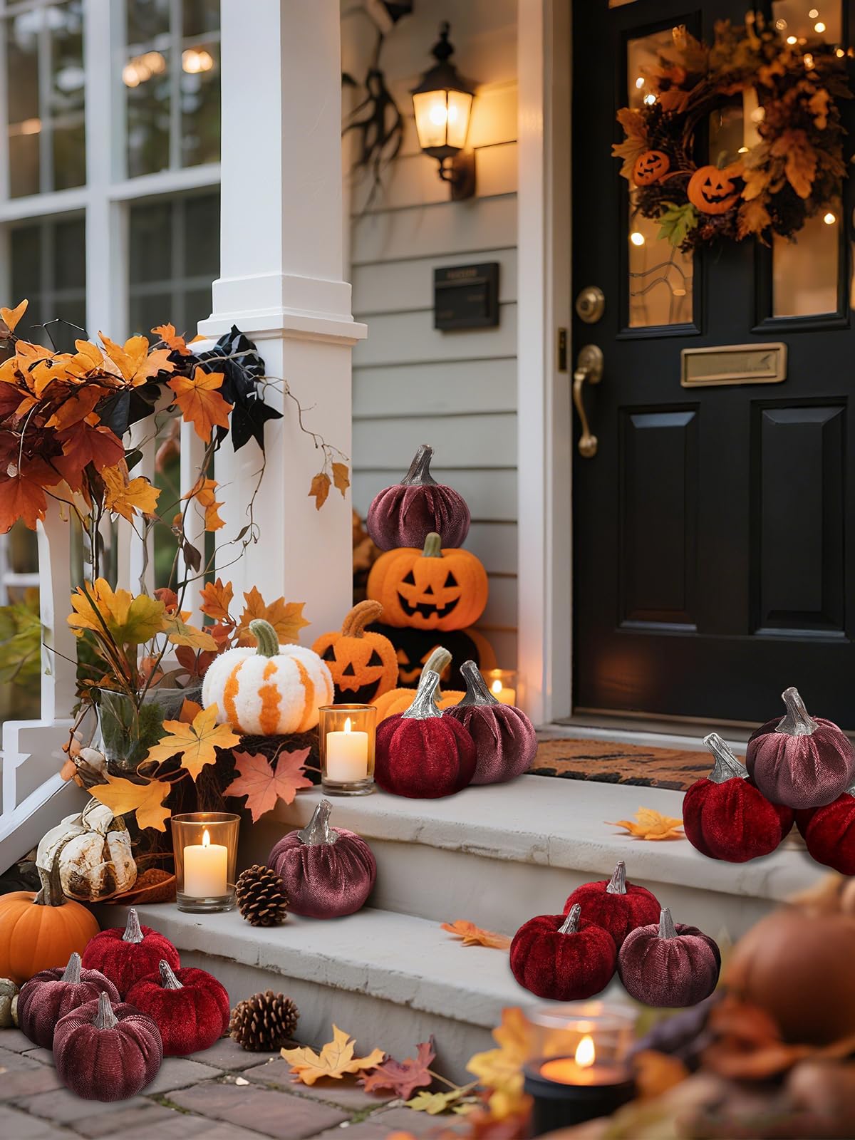 Lot de 12 citrouilles artificielles en velours - 2 tailles - Pour Halloween, automne, festival, décoration de table (bordeaux/violet)