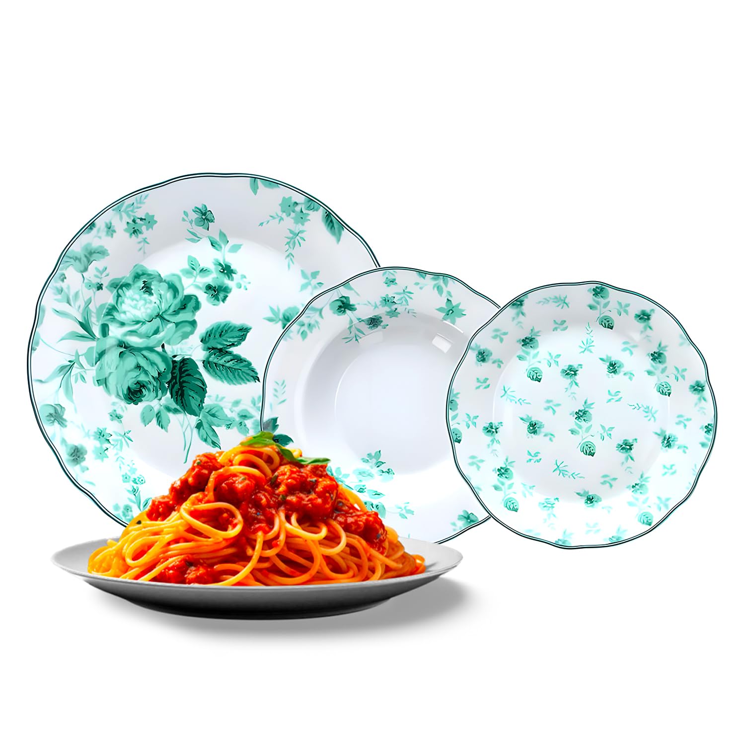 Wintem Porcelanowy serwis obiadowy z talerzami obiadowymi, talerzami obiadowymi i deserowymi - idealny na specjalne okazje lub do codziennego użytku - zestaw talerzy dla 6 osób - biały z zielonymi
