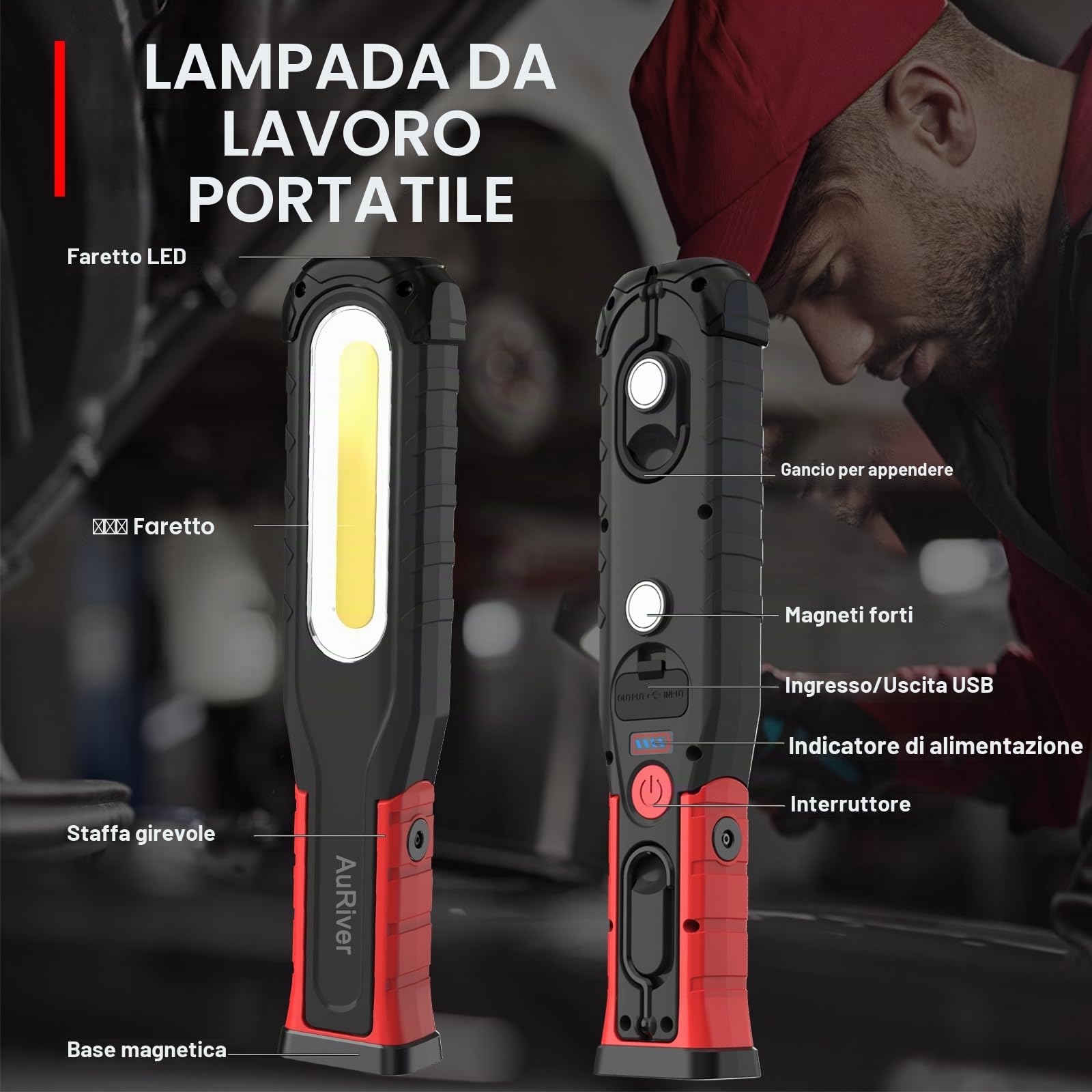 Lampada da lavoro LED, batteria da 6000 mAh, torcia elettrica con funzione orientabile, base magnetica e gancio, 5 modalità, lampada di ispezione COB per riparazione auto, officina