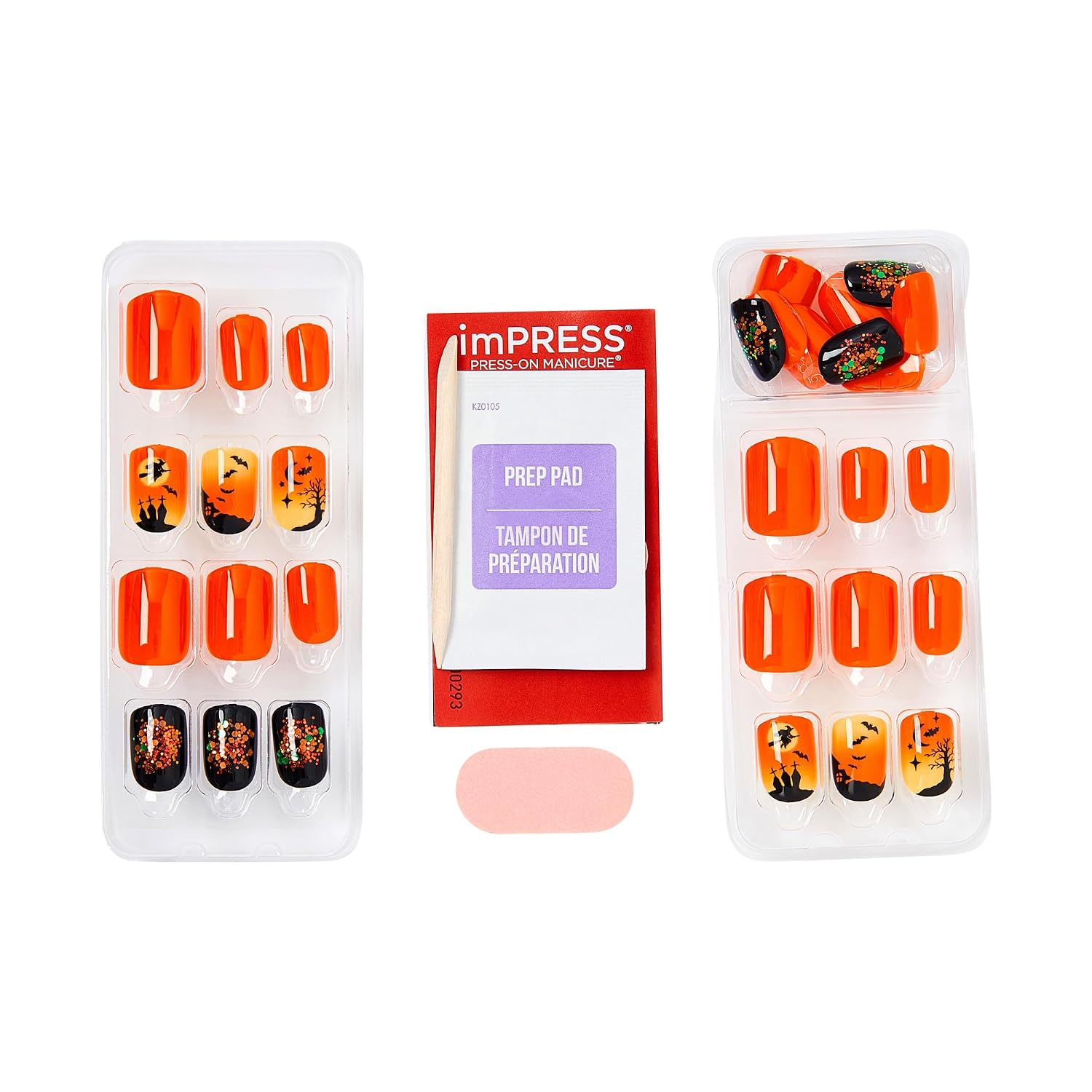 Kiss Impress No Glue Mani Press On Nails, Design, 'Eternal Night', Orange, Short Size, Squoval Shape, Includes 30 Nails, Prep Pad, 1 Manicure Stick, 1 Mini File