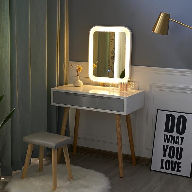 YOURLITE Dressing Table with LED Lights Mirror - White Vanity Makeup Table Set with Adjustable Brightness Mirror, Cushioned Stool and Free Make-up Organizer (White+Grey+Rectangle Mirror)