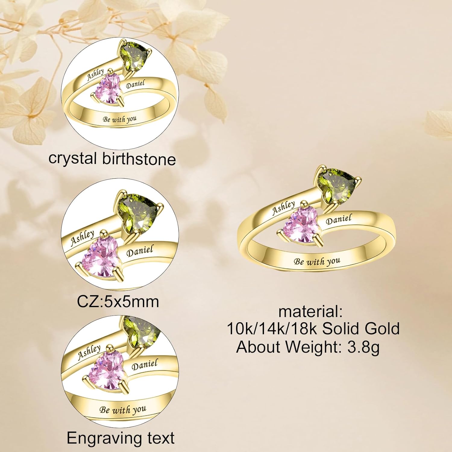 10k 14K 18K gold customized mom rings for women Personalized 14k yellow 2 birthstone rings mother and daughter ring for Mother's day Christmas Day