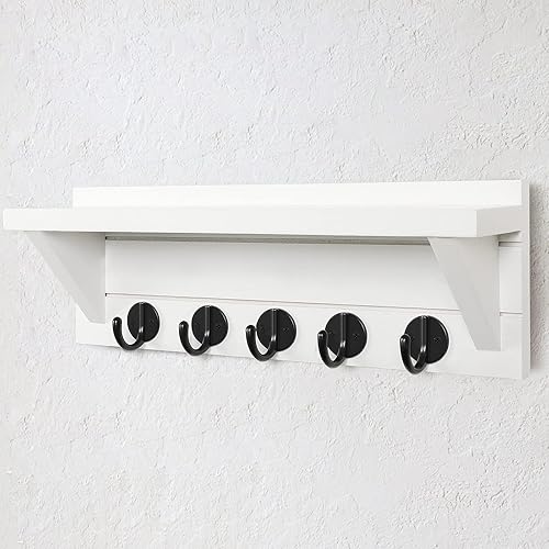 Miniatura 2 de Soporte para llaves de pared, estante rústico con ganchos hecho de madera de Paulownia para llaves, correa de perro, bolsas y más, 13.7 pulgadas de