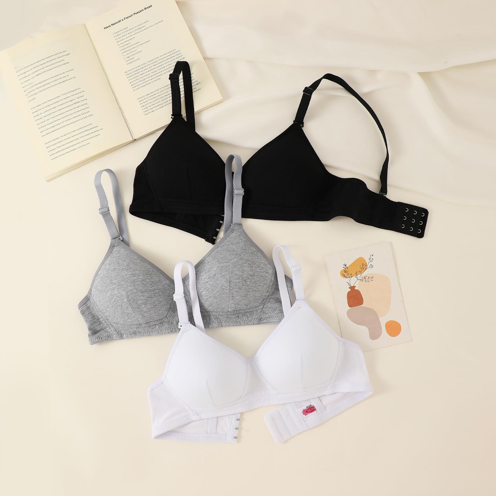 Reggiseno Sportivo da Ragazza in Cotone con Cinturino Regolabile Staccabile Senza Ferretto, Confezione da 3 Bralette A-Cup