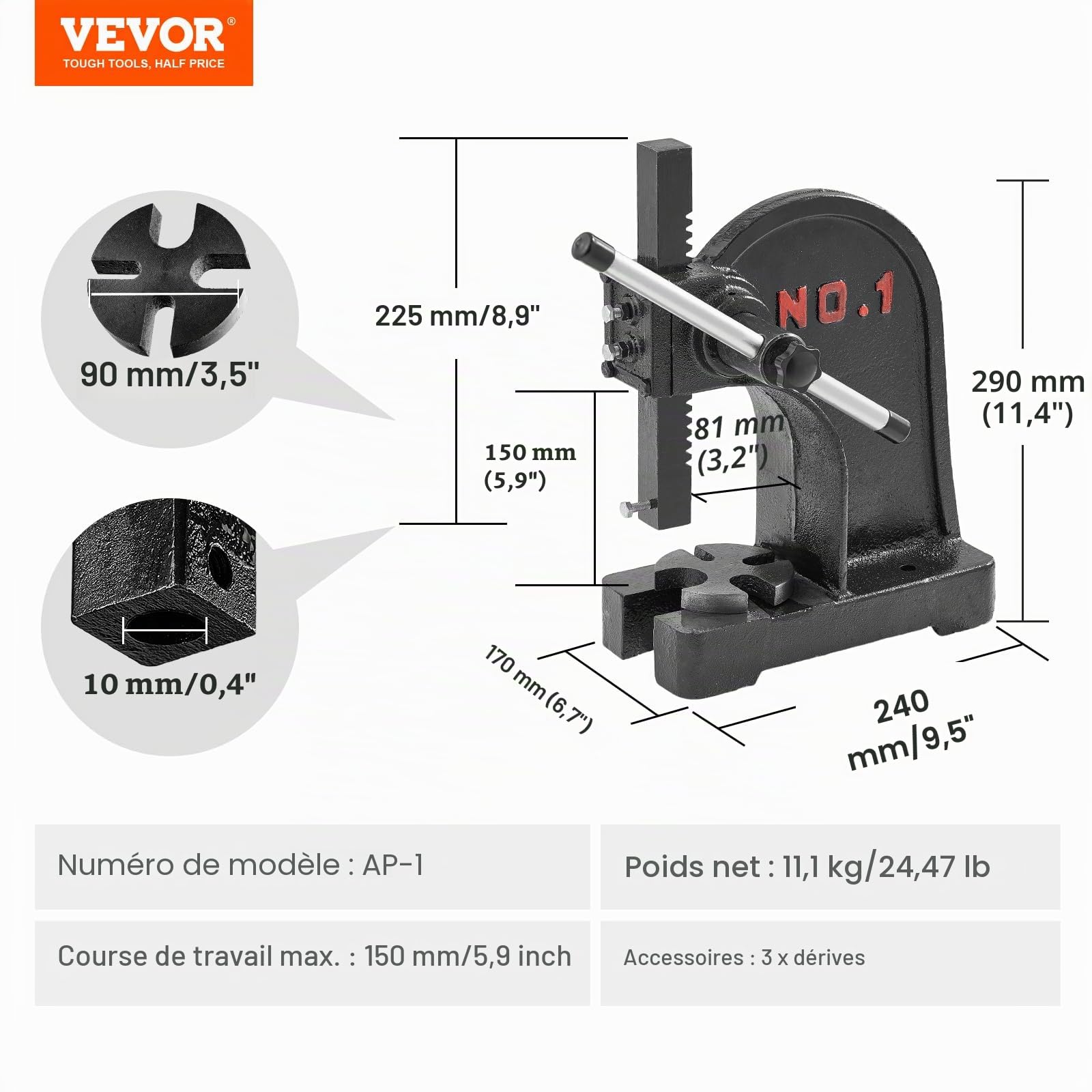 VEVOR Presse à Crémaillère, Presse à Arbre Manuelle de 1 Tonne, Hauteur Maximale de 150 mm, Presse Manuelle de Précision Robuste en Fonte, pour l'Estampage, Le Pliage, l'Étirement et Le Formage