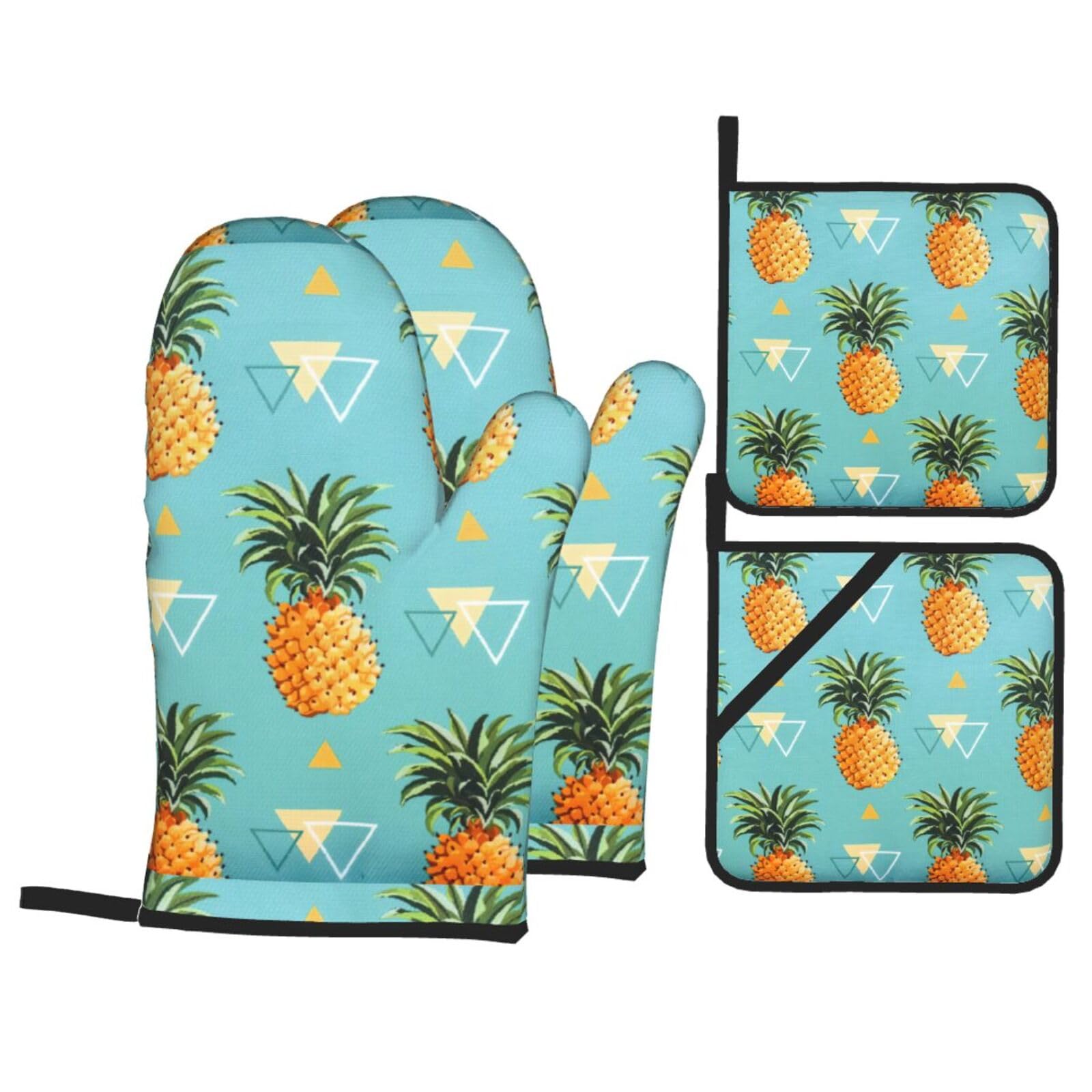 Tropical Fruit Pineapple Print Kitchen Oven Mitts And Pot Holders Set,Hanging Loop Design For Cooking Baking Bbq