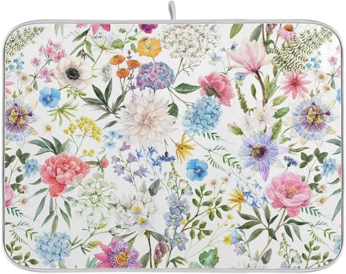 Escurridor de platos absorbente de flores de acuarela para encimera, tamaño pequeño, 16 x 18 pulgadas, almohadillas de microfibra para secado de