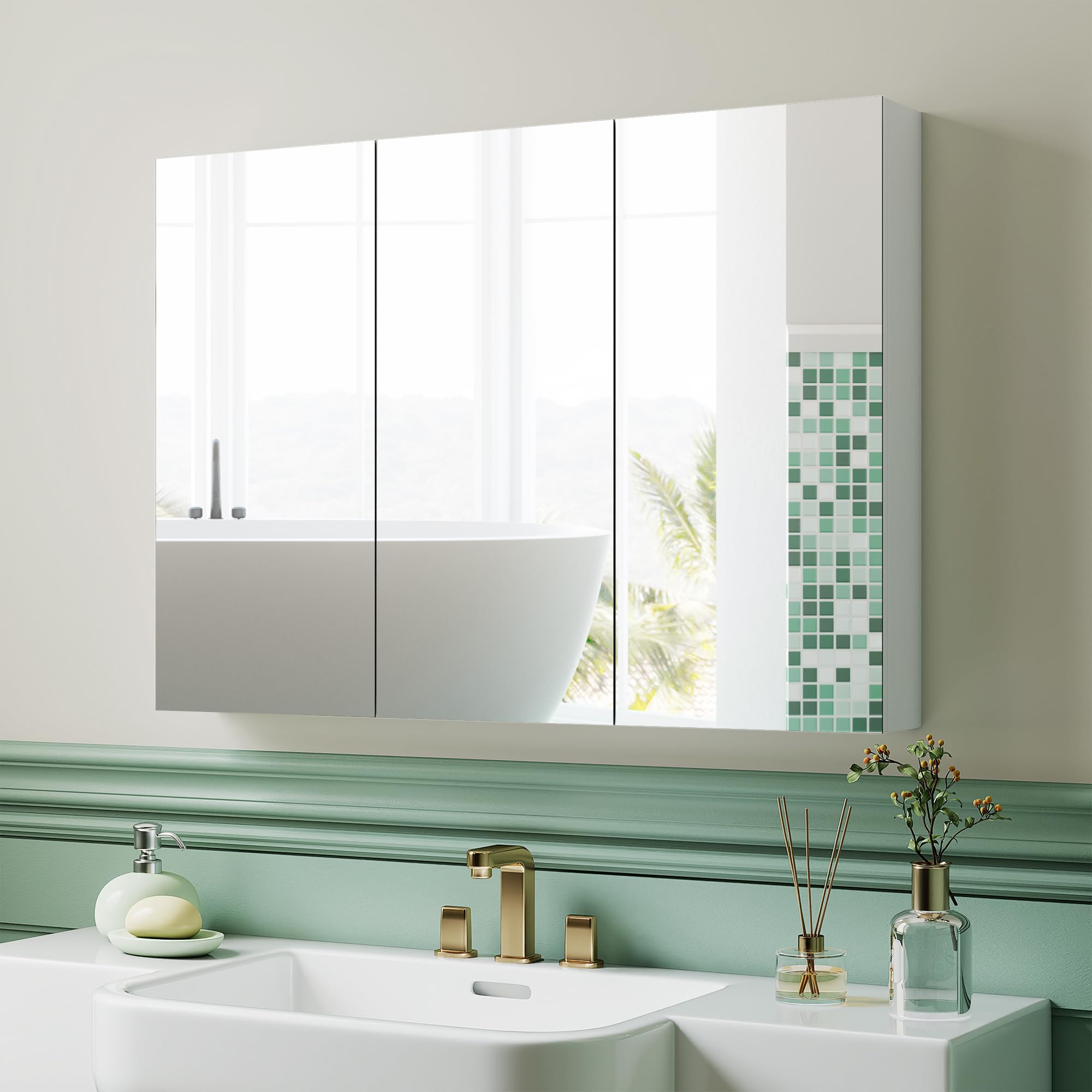 HOMCOM Armario de Baño con Espejo Armario de Pared para Baño de Colgar con 3 Puertas y Estantes Regulables 91,5x11,5x65 cm Blanco