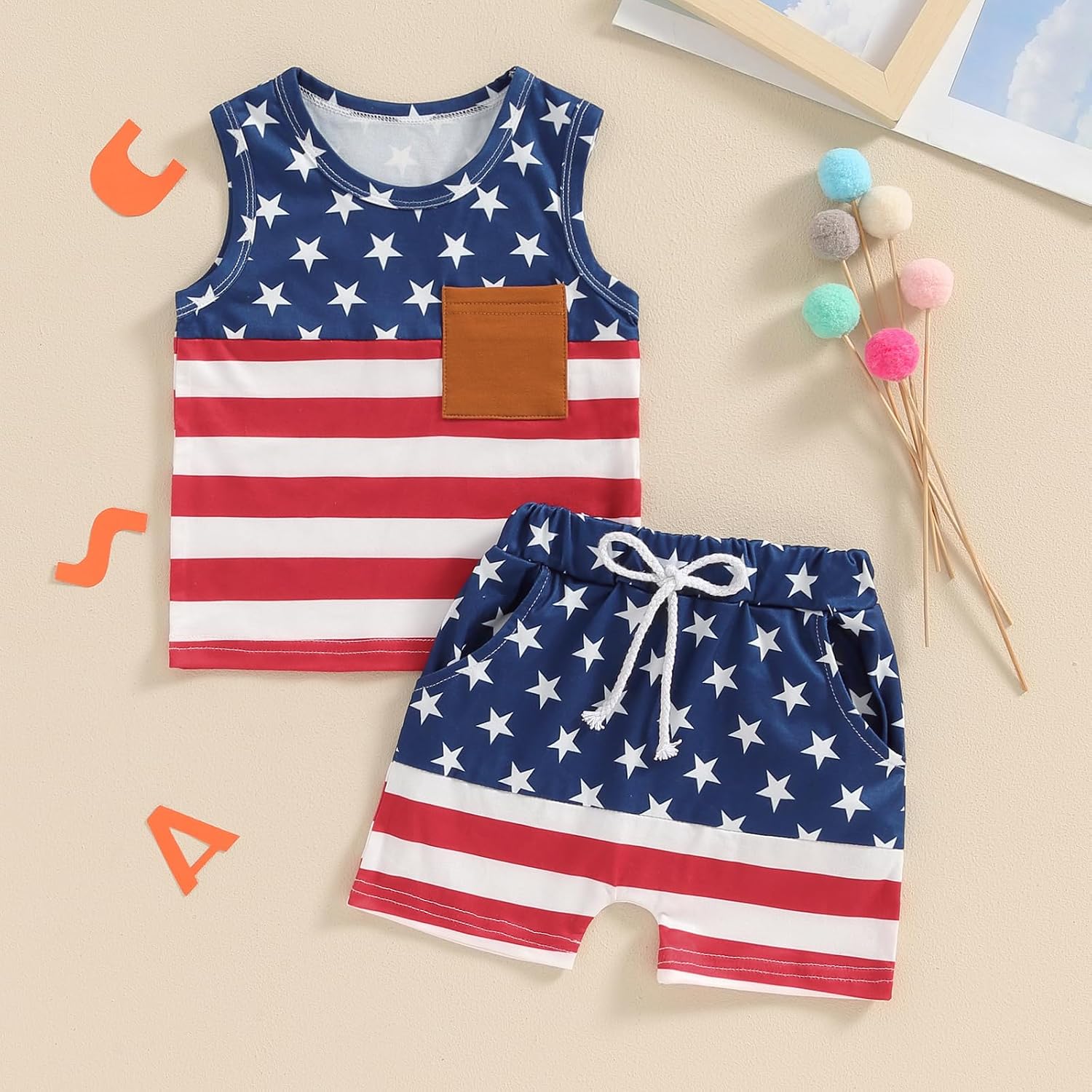 Toddler Boy 4th of July Outfit Stripe&Star Print Pocket Tank Tops with Shorts 2Pcs Independence Day Clothing Set