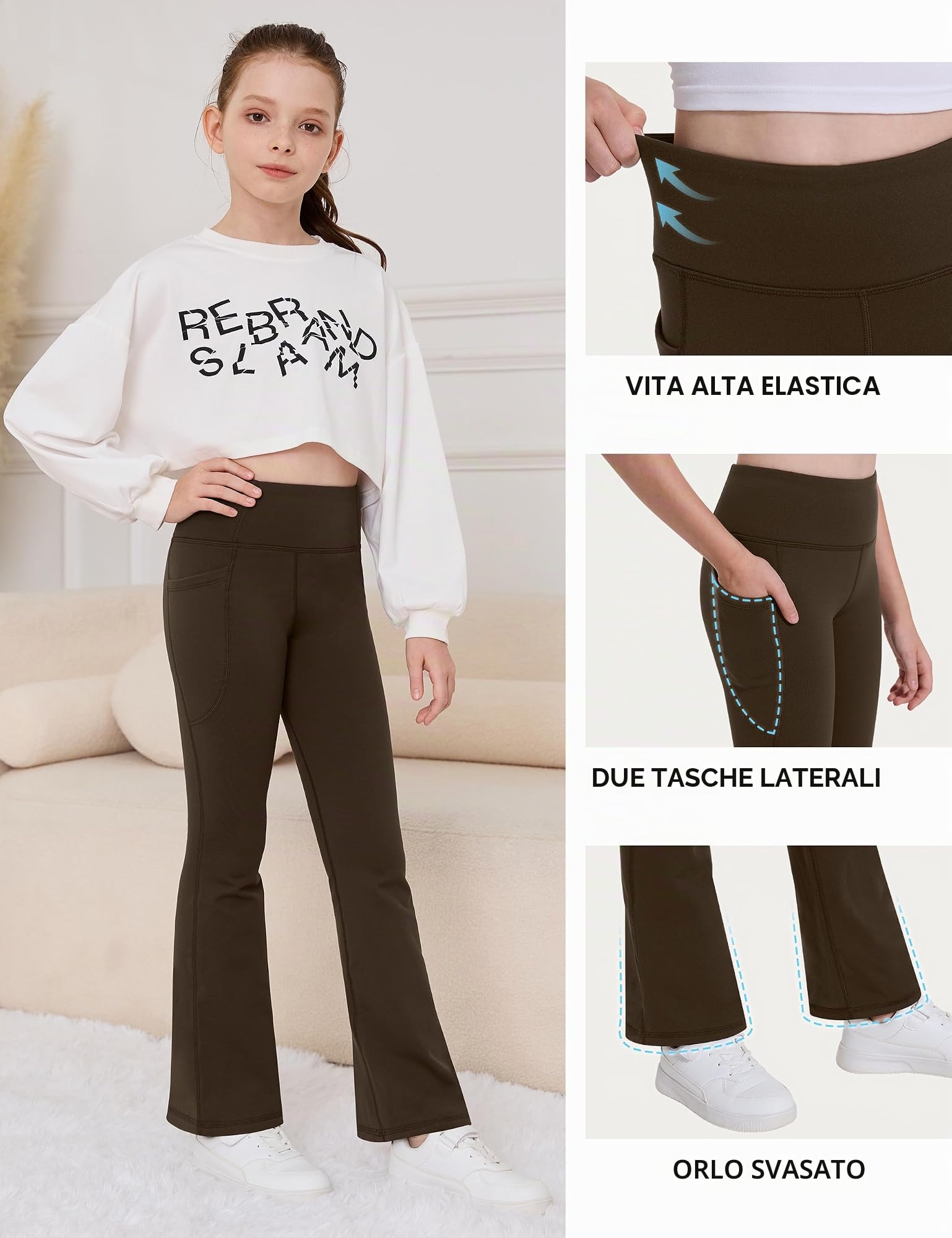 Desol Leggings termici a campana da ragazza con tasche, leggings termici da ragazza, pantaloni sportivi per bambini, ideali per ginnastica e jogging, cachi, 13-14 Anni
