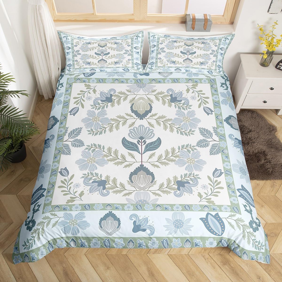 jejeloiu Floral Duvet Cover Toddler Size Boys Girls Vinatge Botanical Green Bedding Set for Kids Retro Boho Flowers Comforter Cover(No Comforter) TealBlue Blossom Room Decor Soft Zipper
