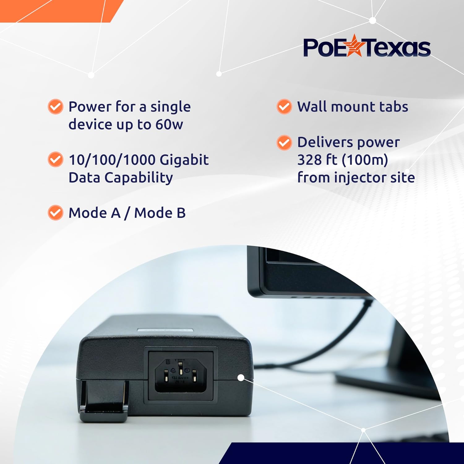 Poe Texas PoE Injector - 802.3bt PoE++ Single Port 4 Pair Power Over Ethernet Injector - 6KV Surge Protection - Active PoE Adapter 55V 60W Output - 10/100/1000 Gigabit Data - Wall Mount Plug & Play
