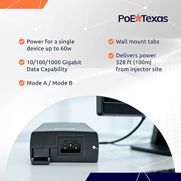 PoE Texas Single-Port 802.3bt PoE++ Injector, 55V 60W, 6kV Surge