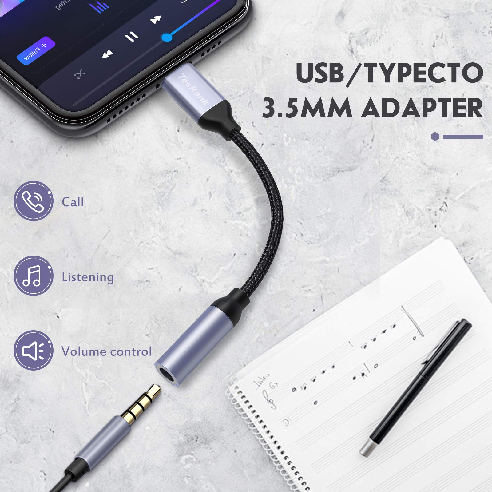 LcueGuk Adattatore jack per cuffie da USB C a 3,5mm, cavo da USB tipo C