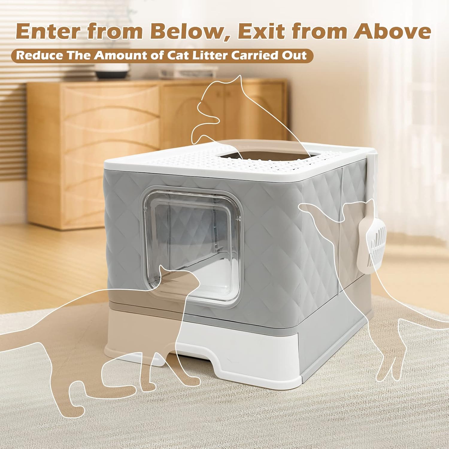 Foldable Enclosed Cat Litter Box, Cat Potty with Front Door & Top Entry, Pull-Out Drawer Type, Cat Toilet with Lid, Easy Cleaning Cat Litter Tray with Plastic Scoop (Grey)
